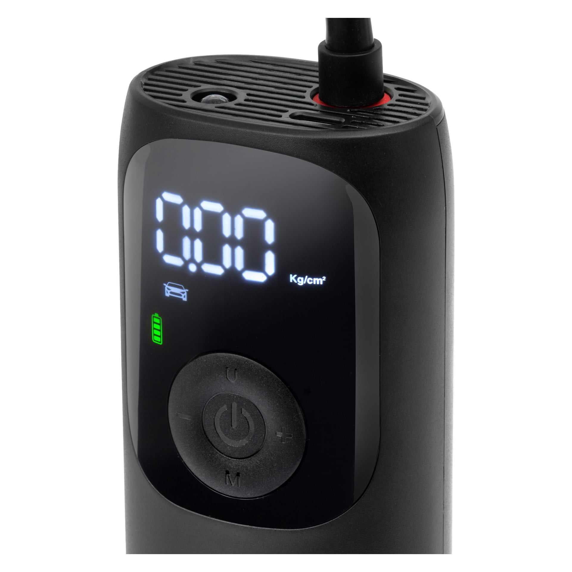Närbild av Hamron Portabels däckpump som visar 0,00 kg/cm² på sin digitala skärm, med en batteriikon med tre staplar och flera kontrollknappar, inklusive en framträdande strömknapp och en lägesknapp. En kabel är fäst upptill.