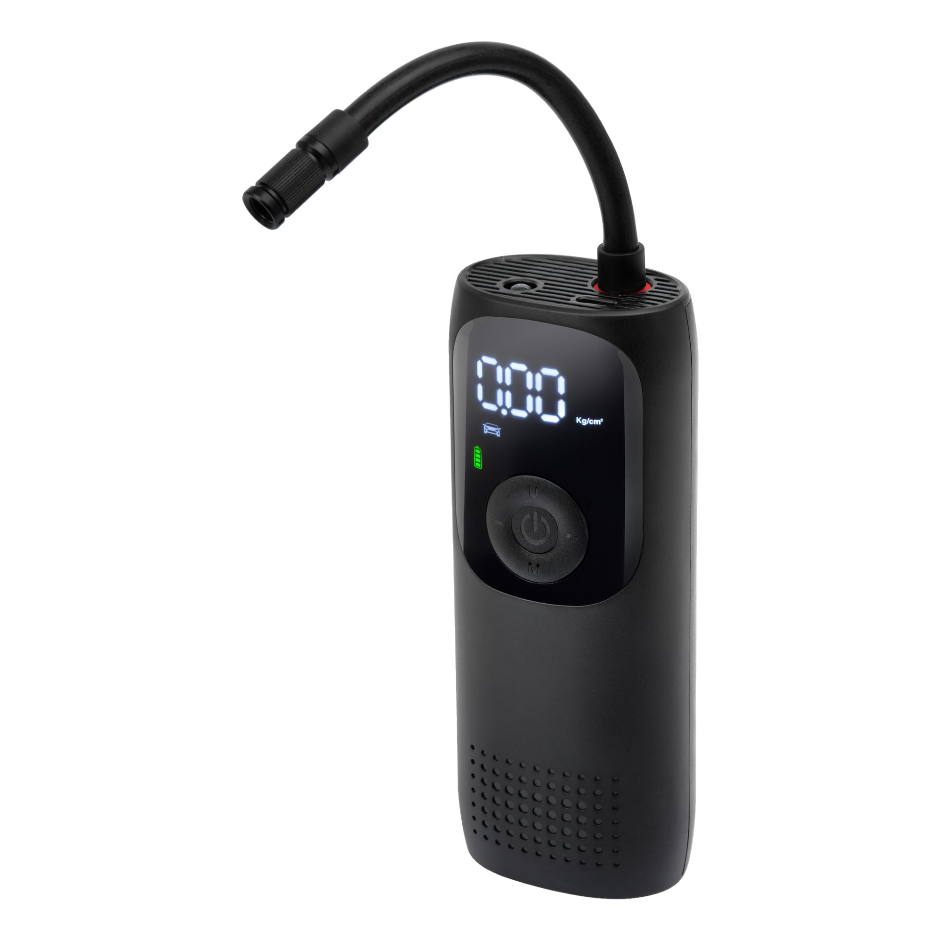 En svart Hamron portabel däckpump med flexibel slang, LED-display som visar 0,00 kg/cm², strömknapp och batteriindikator.
