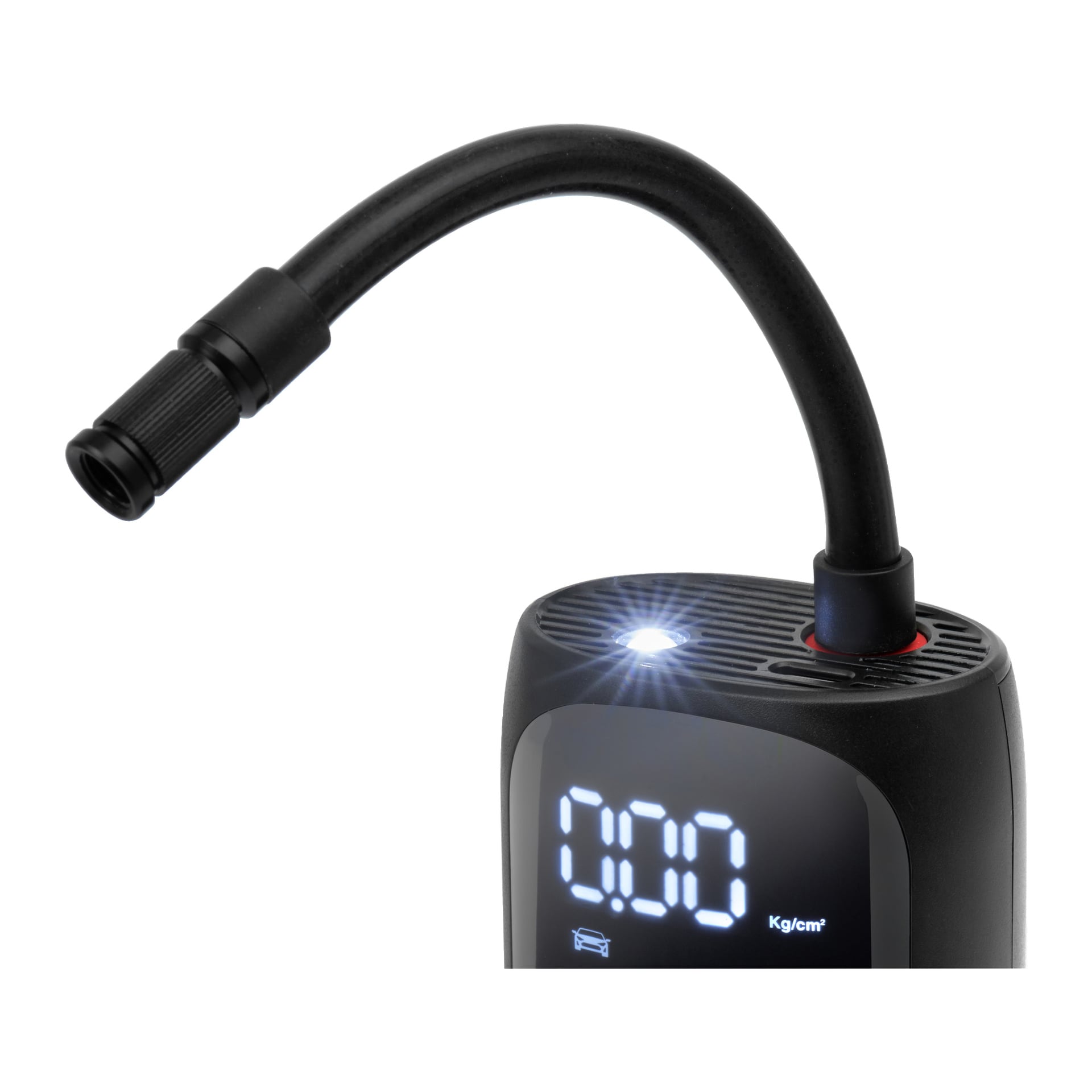 En svart Hamron portabel däckpump visas med en flexibel slang som slutar i ett synligt munstycke, en tänd display som visar noll och en liten LED-lampa placerad ovanpå.