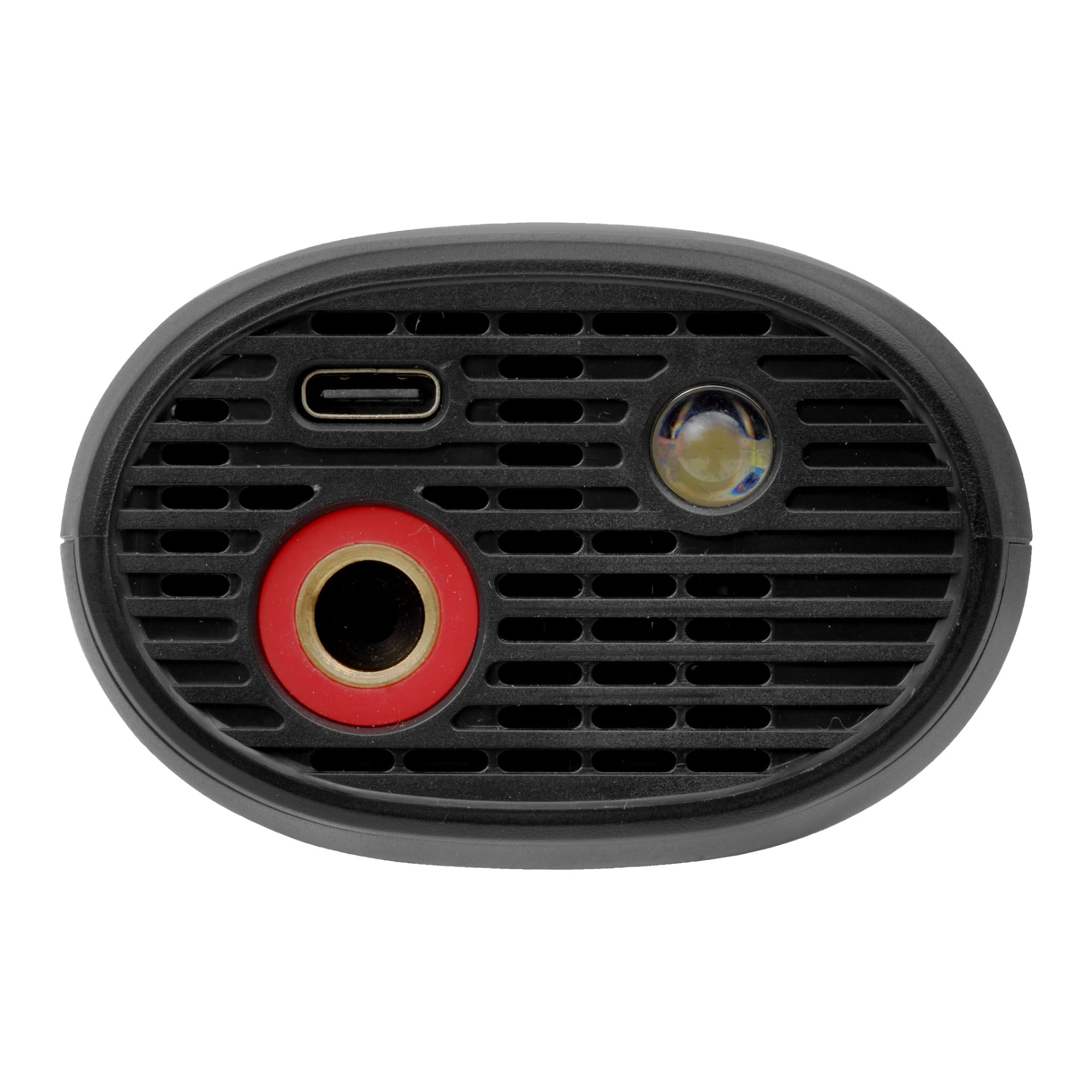 Detaljerad vy av den svarta Hamron Portable-däckpumpen, med en USB-C-port, en framträdande ljuduttag markerad i rött, en liten cirkulär lins och en grilldesign för ventilation.