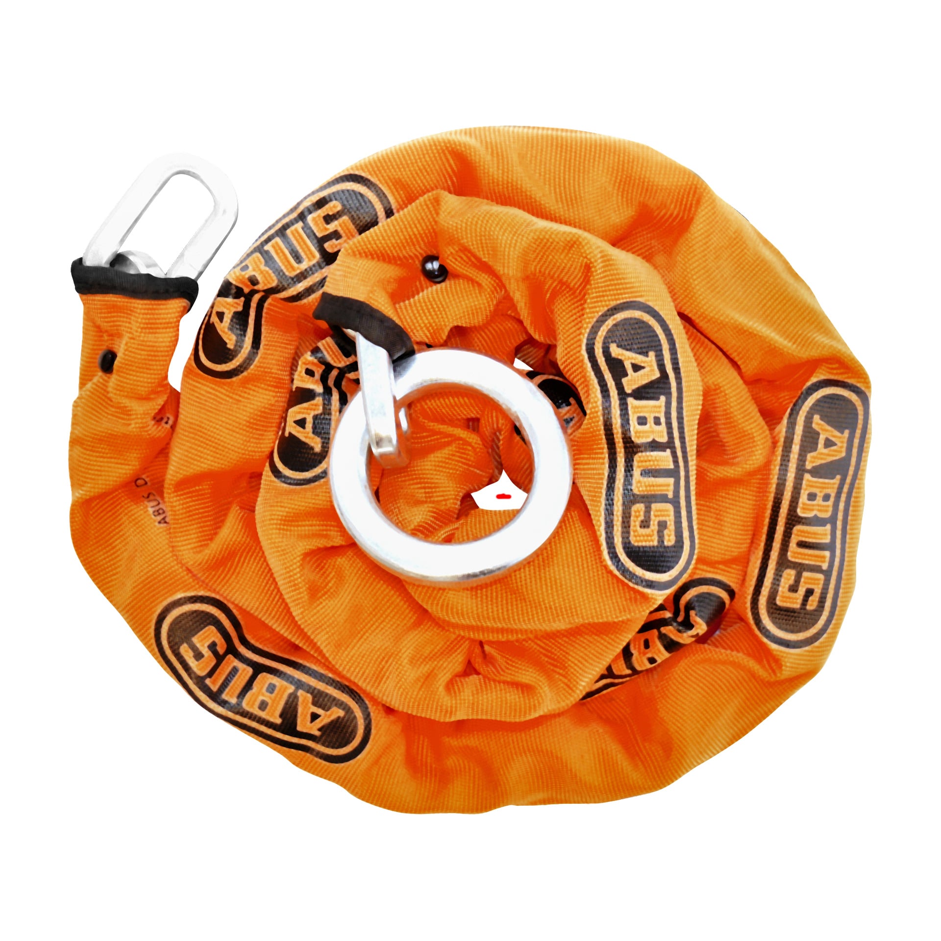 Ett orange ABUS-låsset med en hoprullad, tyginsvept kedja och hänglås, med en metallögla och karbinhake i ena änden.