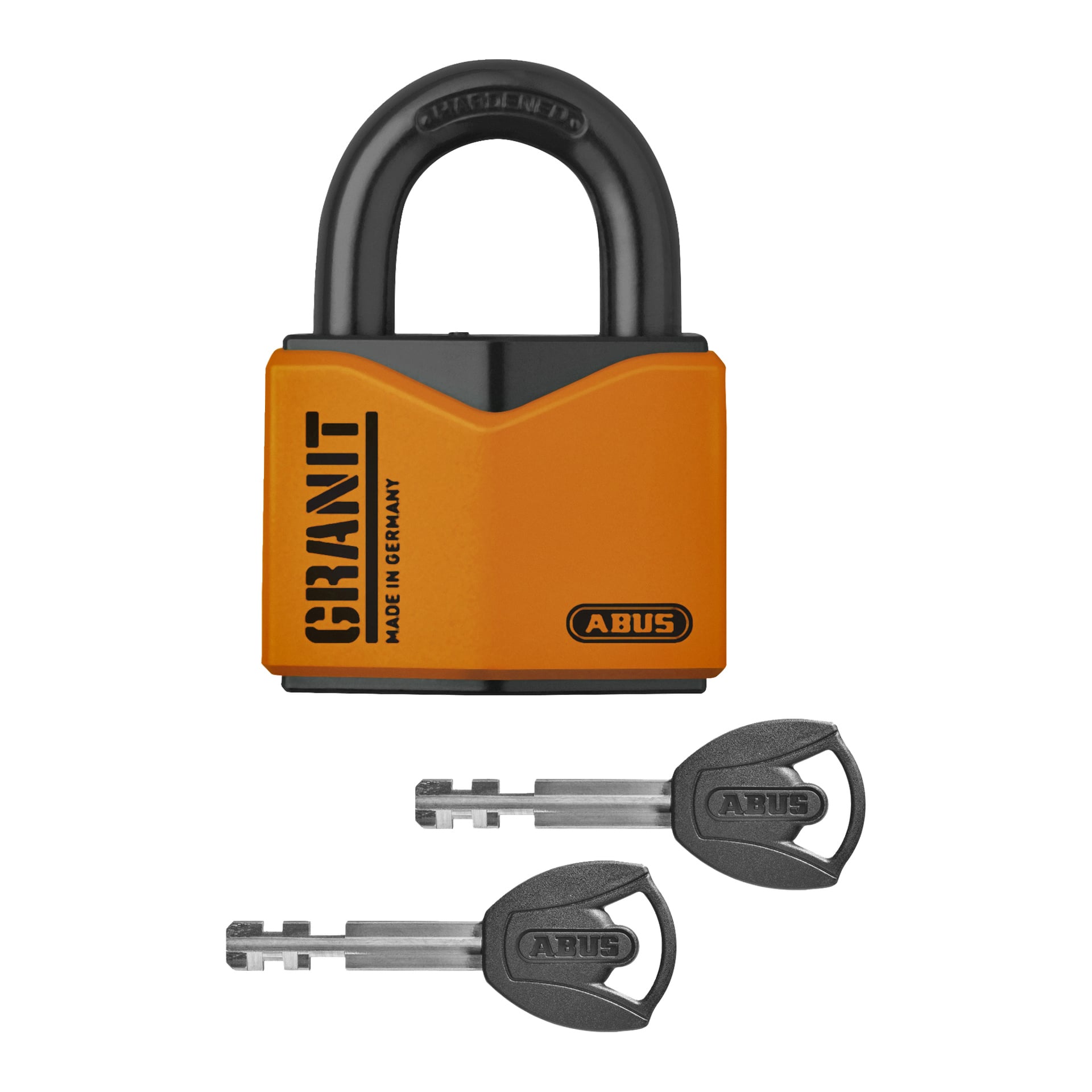 Ett paket som innehåller ett orange och svart ABUS kedjelås och hänglås sitter ovanför två matchande silverfärgade och svarta nycklar.