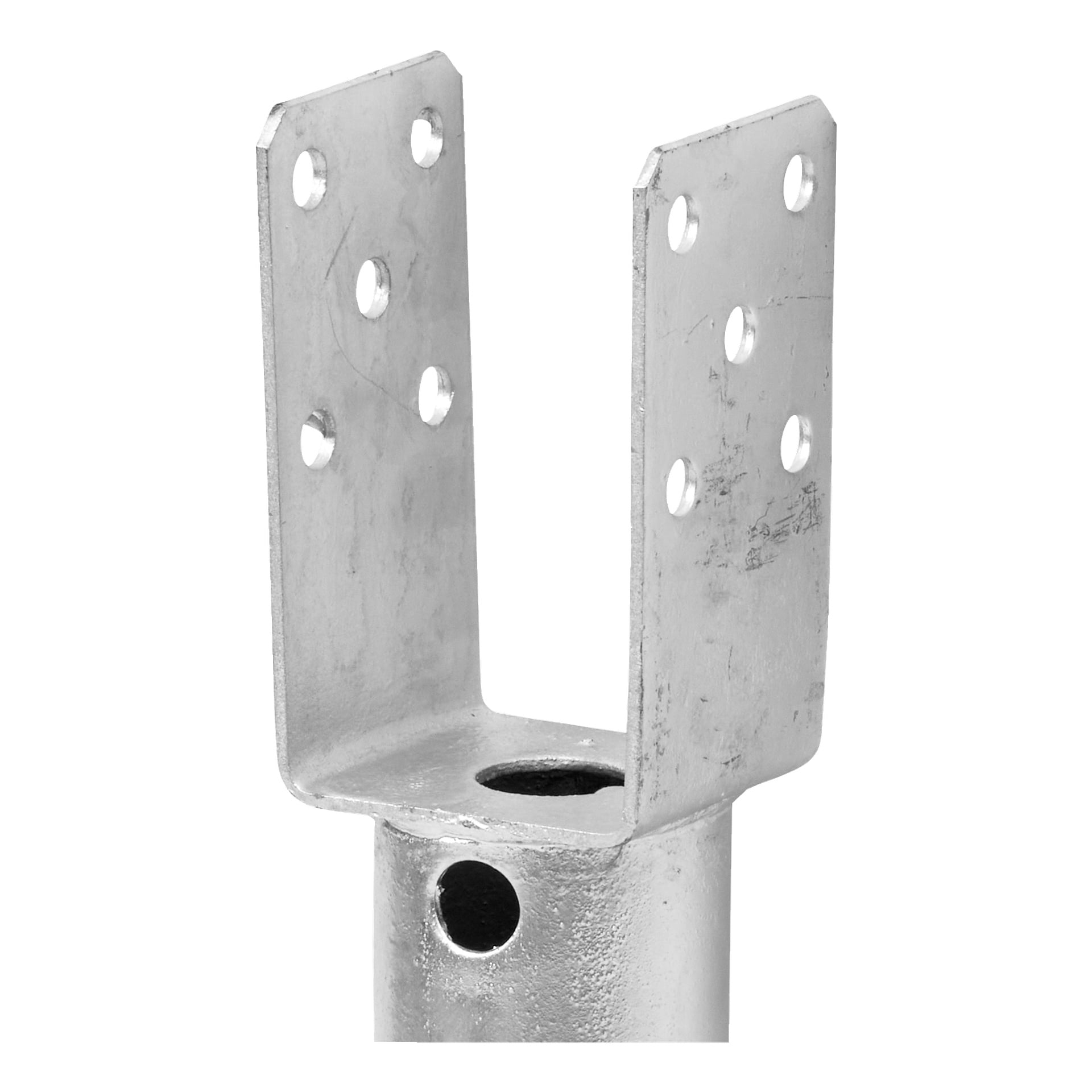 Ett U-format metallankare av Hard Head Earth med flera bulthål på varje sida och ett enda hål vid basen, utformat för att fästa trästolpar säkert på betong eller liknande ytor.