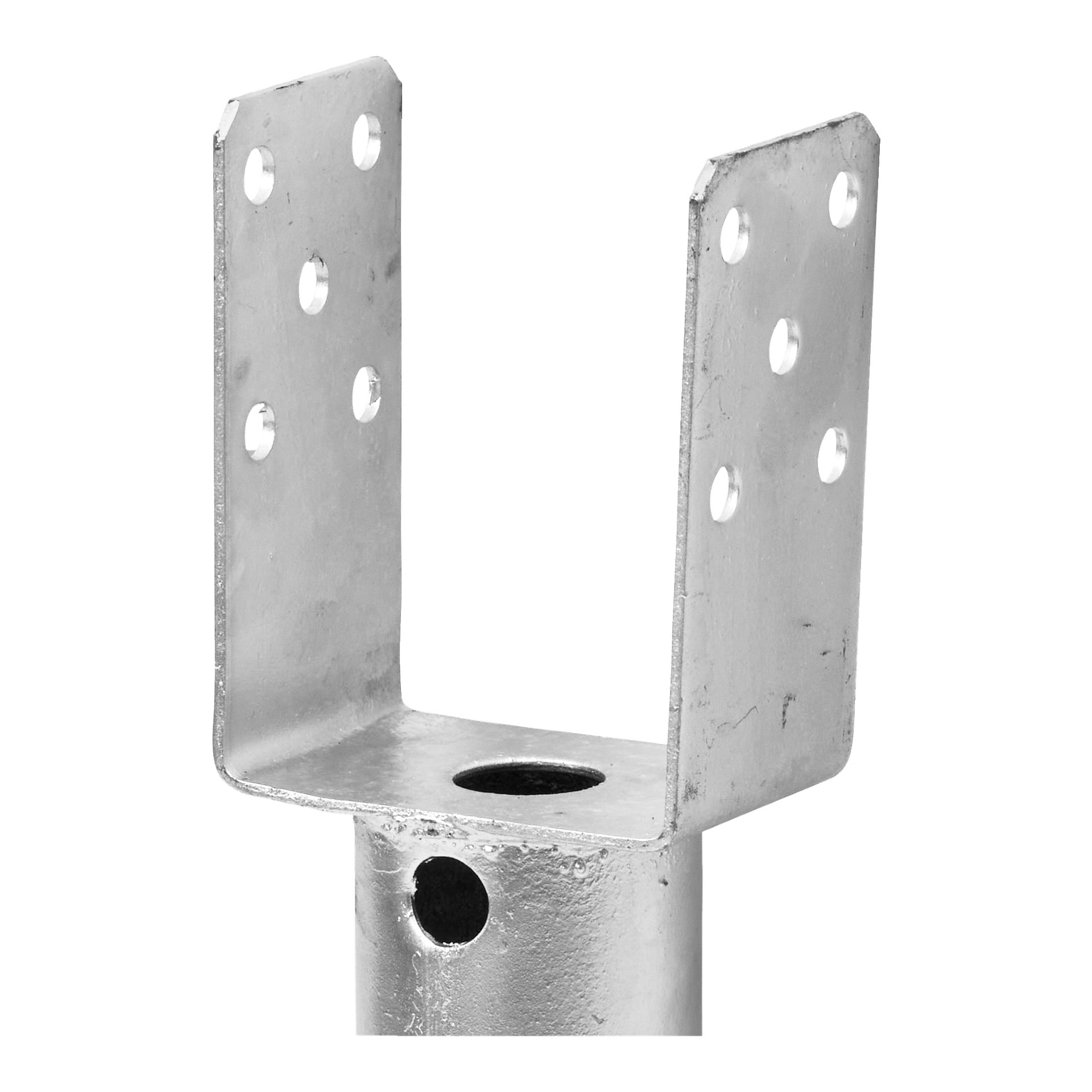 En detaljerad vy av ett Hard Head Earth-ankare visar ett galvaniserat U-format metallfäste med flera hål längs båda sidor, fast fäst vid en cylindrisk metallstolpe, designad för att motstå korrosion.