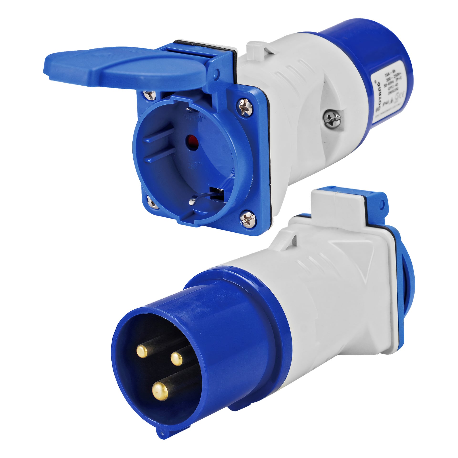 Två Anslut Adapter CEE industriella eluttag syns, båda med blå och vita höljen. En kontakt är en hankontakt med tre guldstift, medan den andra är ett honuttag med ett gångjärnsbundet blått lock för skydd.