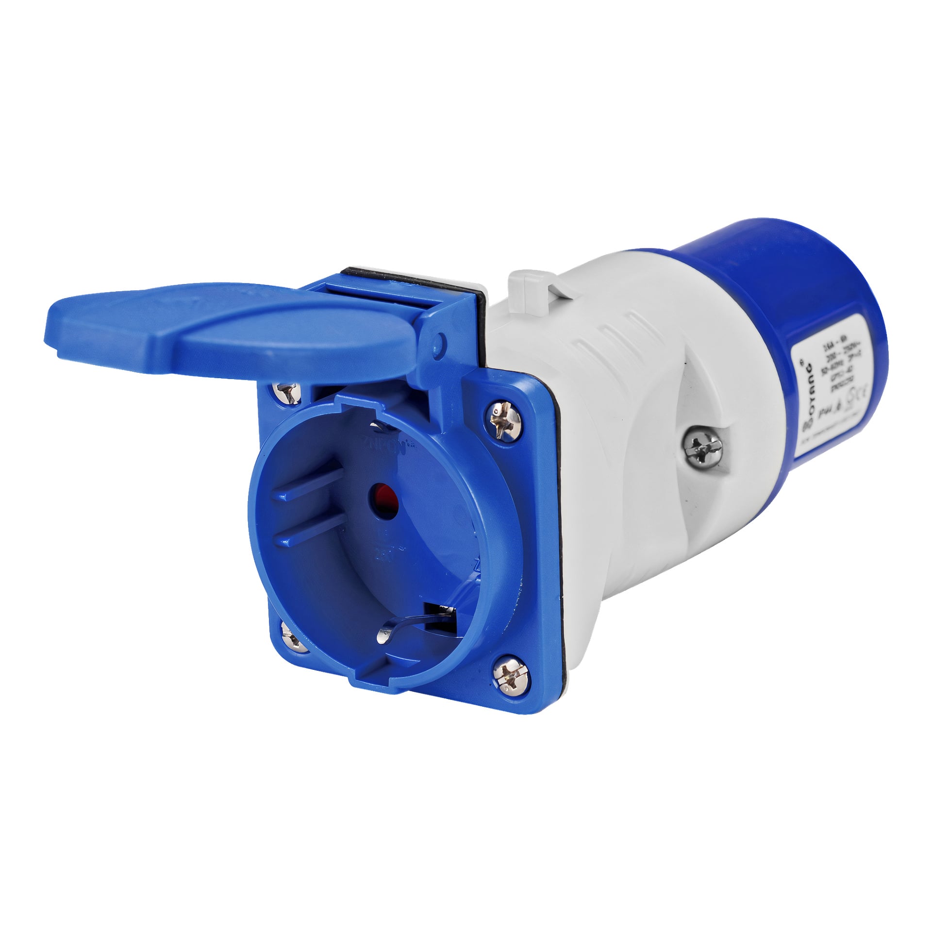 En detaljerad vy av Anslut Adapter CEE, som visar det blå och vita industriella uttaget med locket öppet, vilket blottar hylshålen och metallkontakterna.