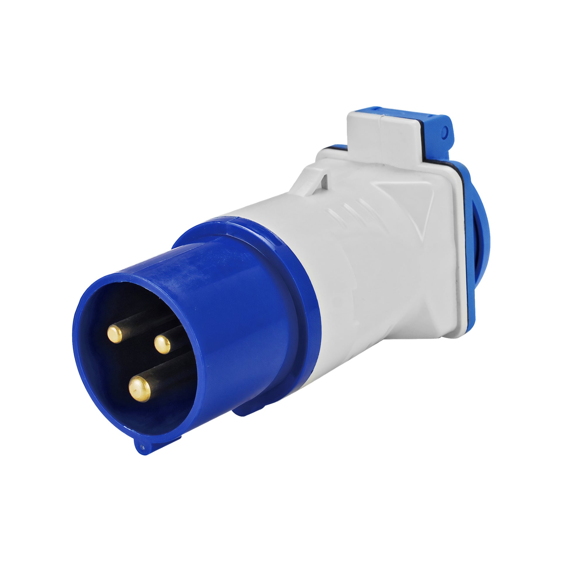 Ansluts Adapter CEE är en blåvit industriell elkontakt med tre metallstift och en låsmekanism ovanpå.