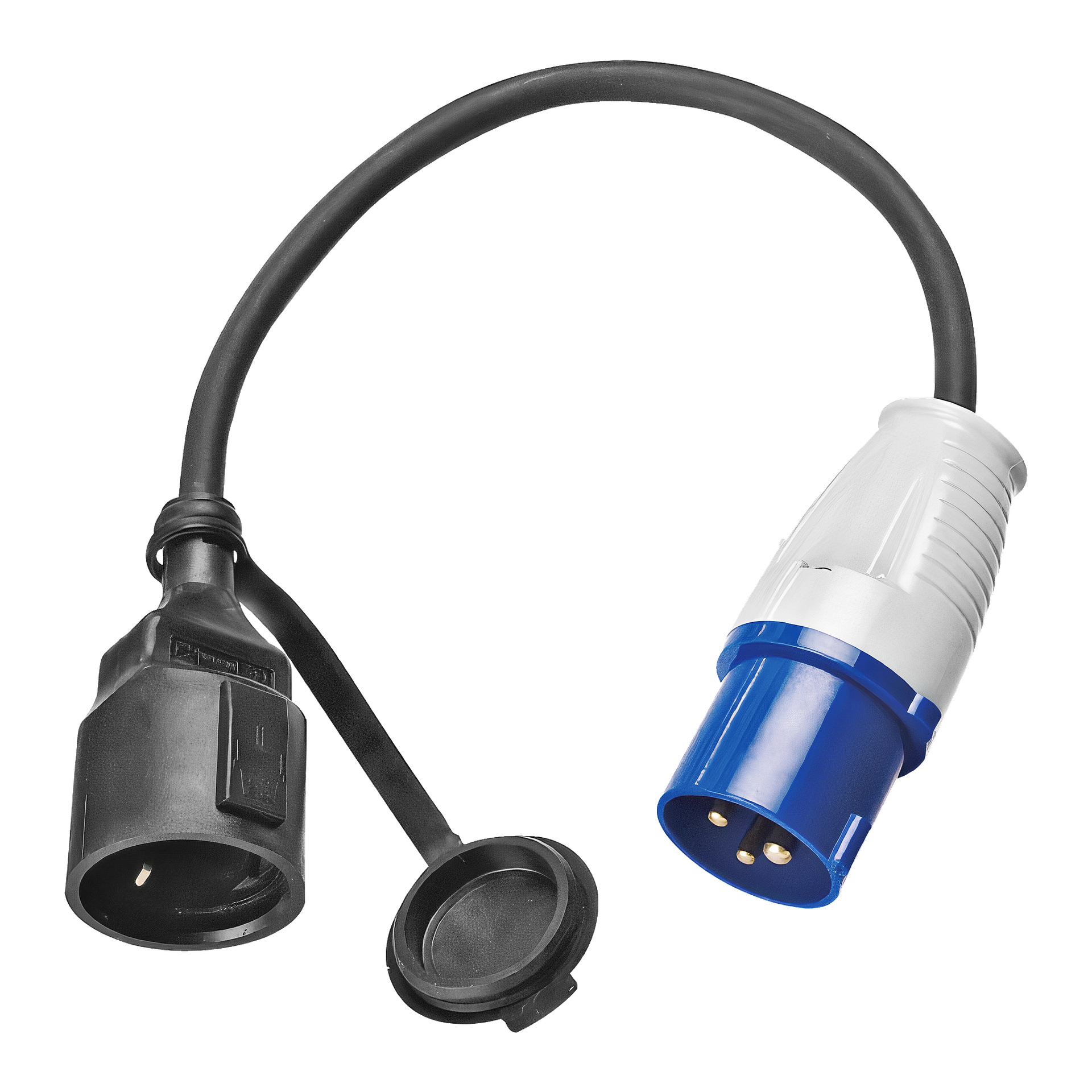 Anslut Adapter CEE med svart uttag och skyddslock på ena sidan, ansluten till en blå och vit trepolig kontakt i motsatt ände.