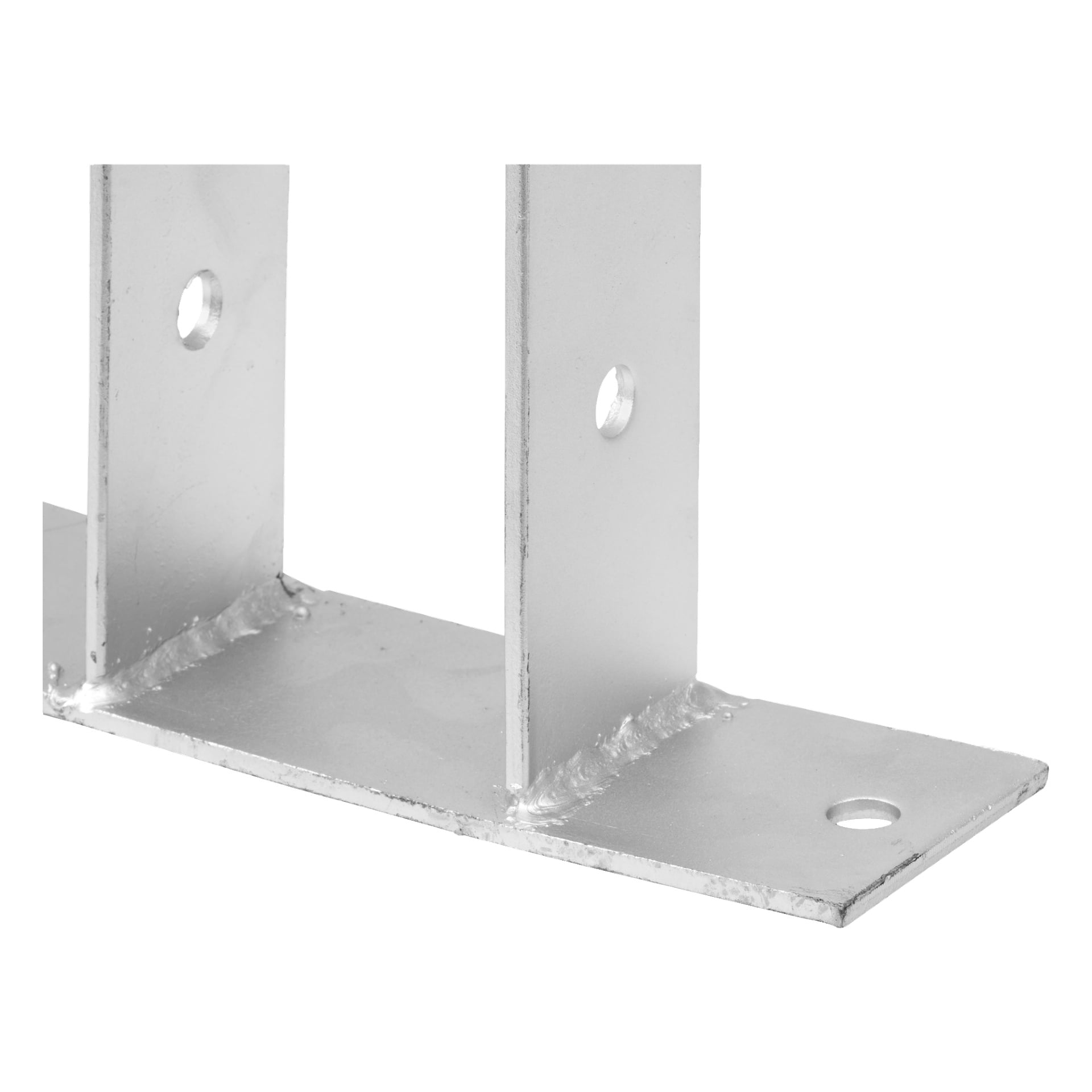 Detaljerad vy av Hard Head Post Shoe, som visar tre upprättstående metallstöd fästa vid en plan bas, där varje stöd innehåller ett runt hål. Det finns ett extra hål på basen nära ena sidan. Metallens yta verkar galvaniserad eller försedd med en skyddande beläggning.