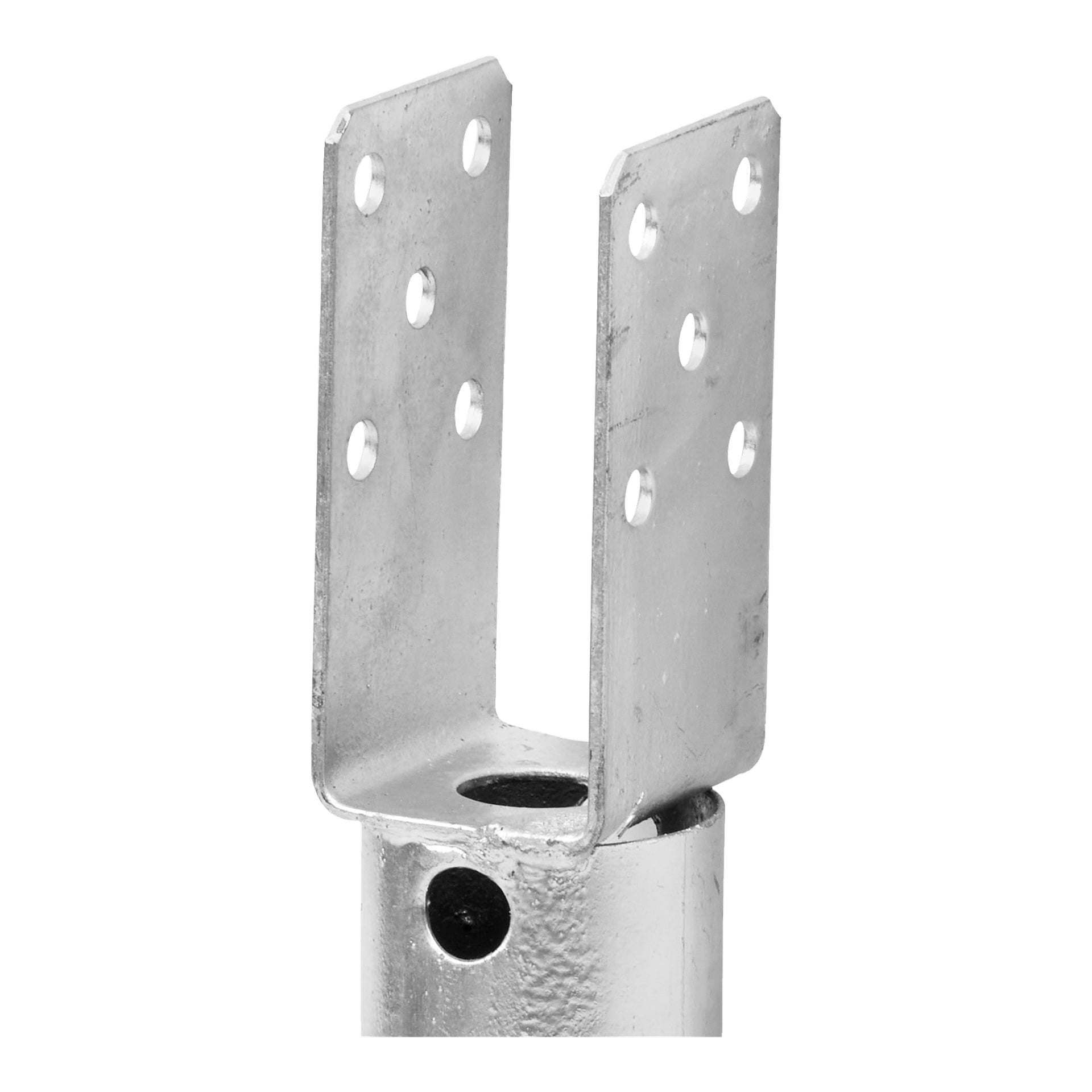 Ett metallformat U-format fäste med åtta runda hål sitter ovanpå en cylindrisk metallstång med ett sidohål nära sin övre ände; det här är Hard Head Earth-ankaret.