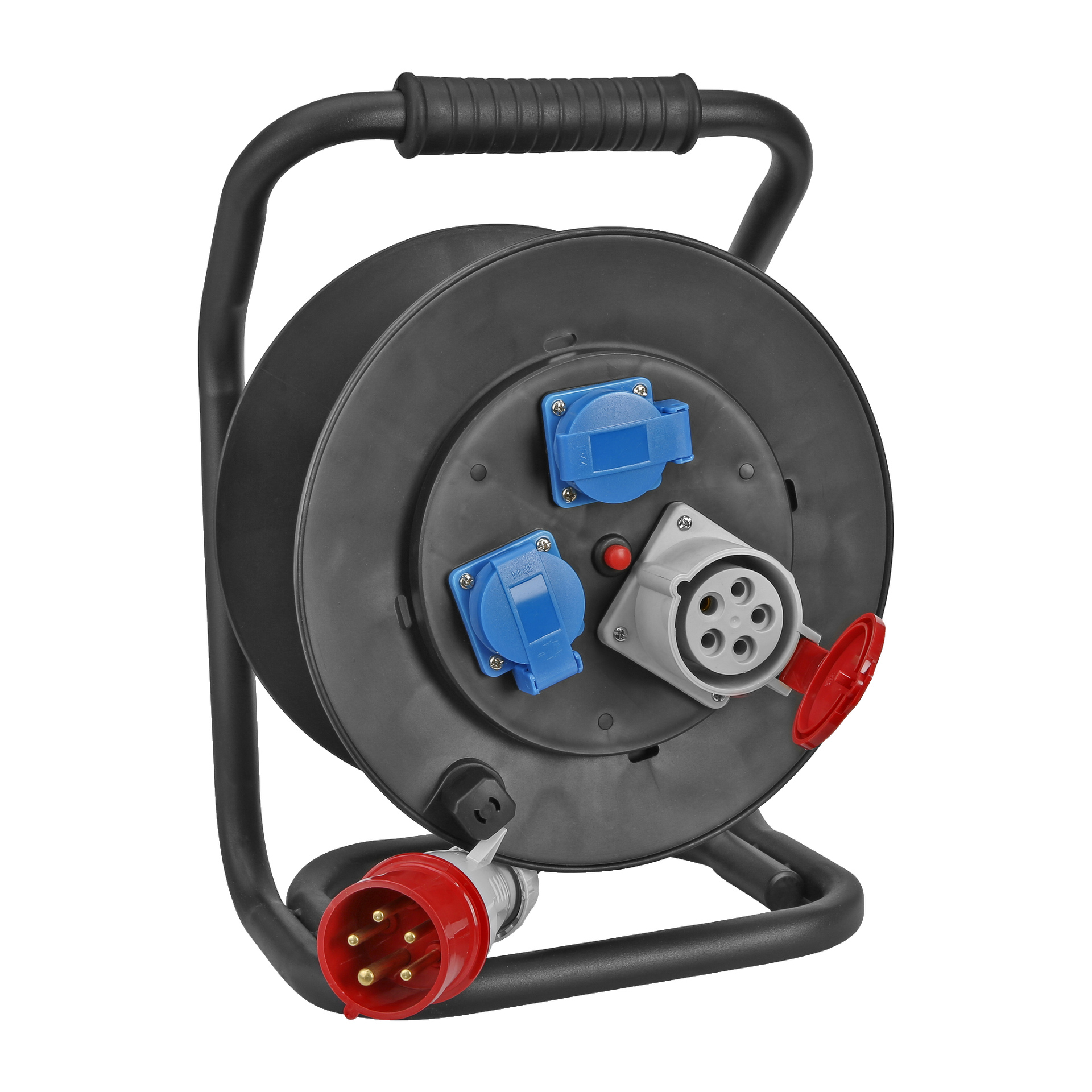 En svart och grå Anslut CEE-kabellindare med handtag, utrustad med blå och röda industriella eluttag och en spiralad kabel som slutar i ett rött kontakt.