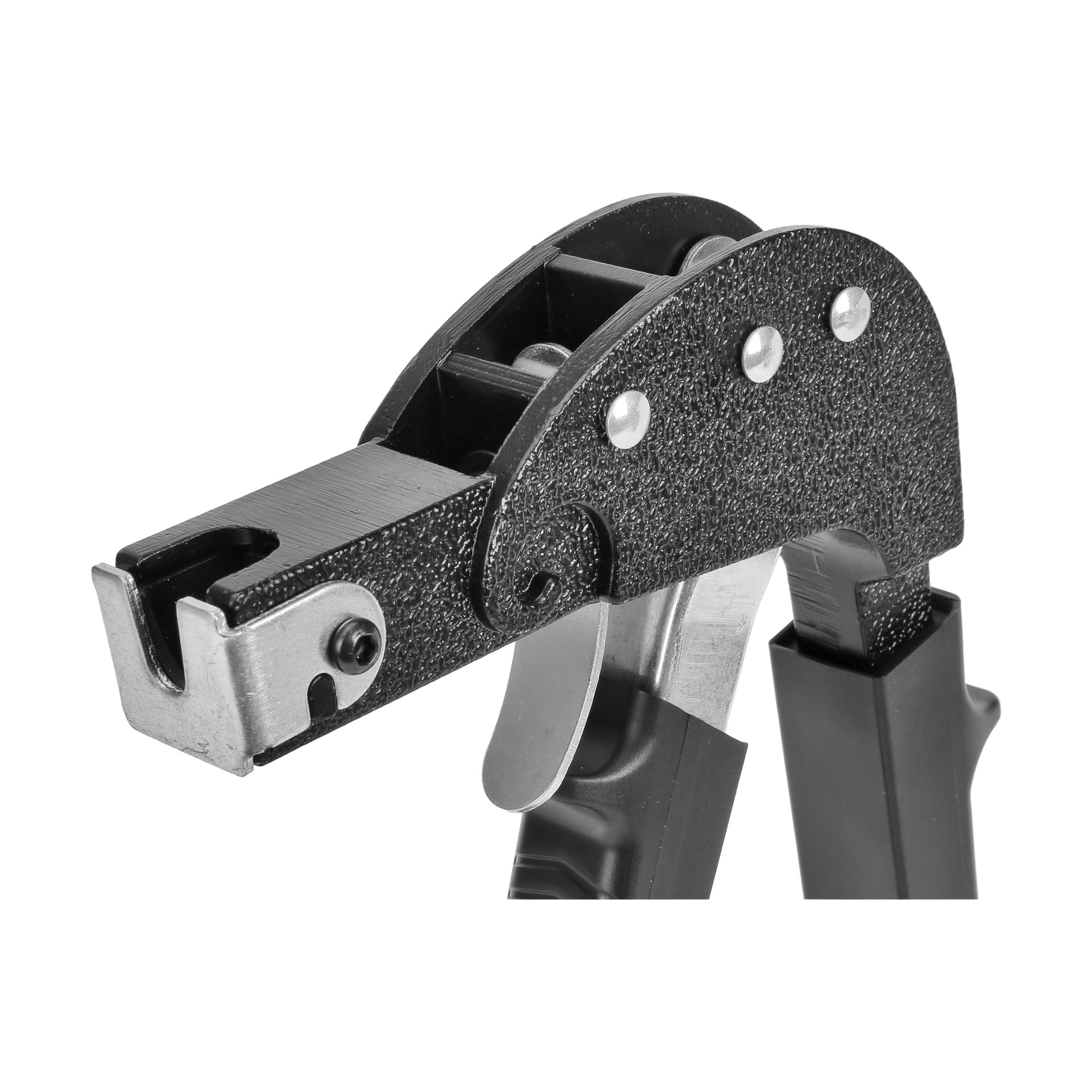 Detaljerad vy av svarta och silverfärgade Hard Head Assembly-tänger med en texturerad metallyta, framträdande nitar och en tydlig visning av greppmekanismen och handtagen.