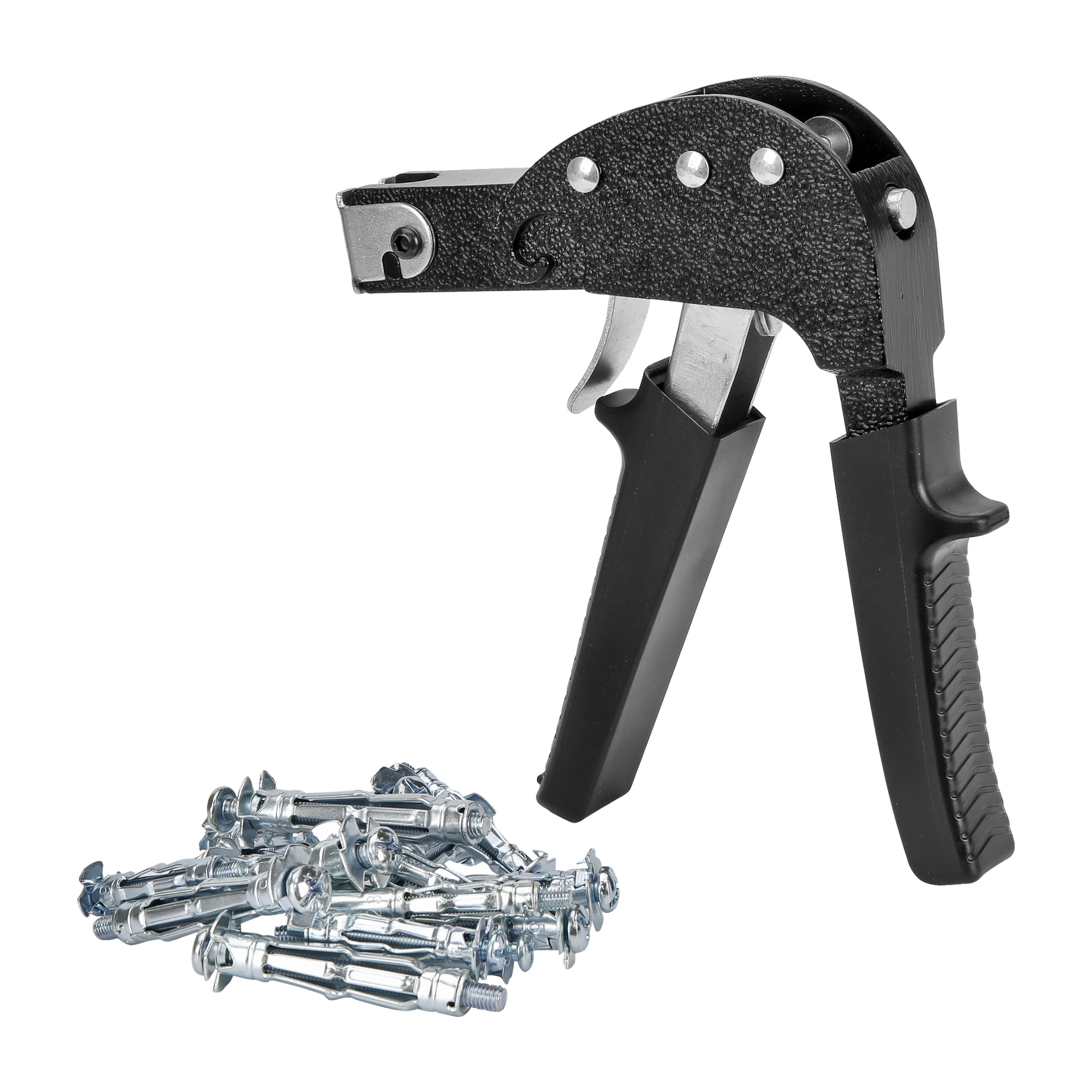 Ett par Hard Head Assembly-tänger med svarta handtag ligger bredvid en liten hög med metallankare på väggen.