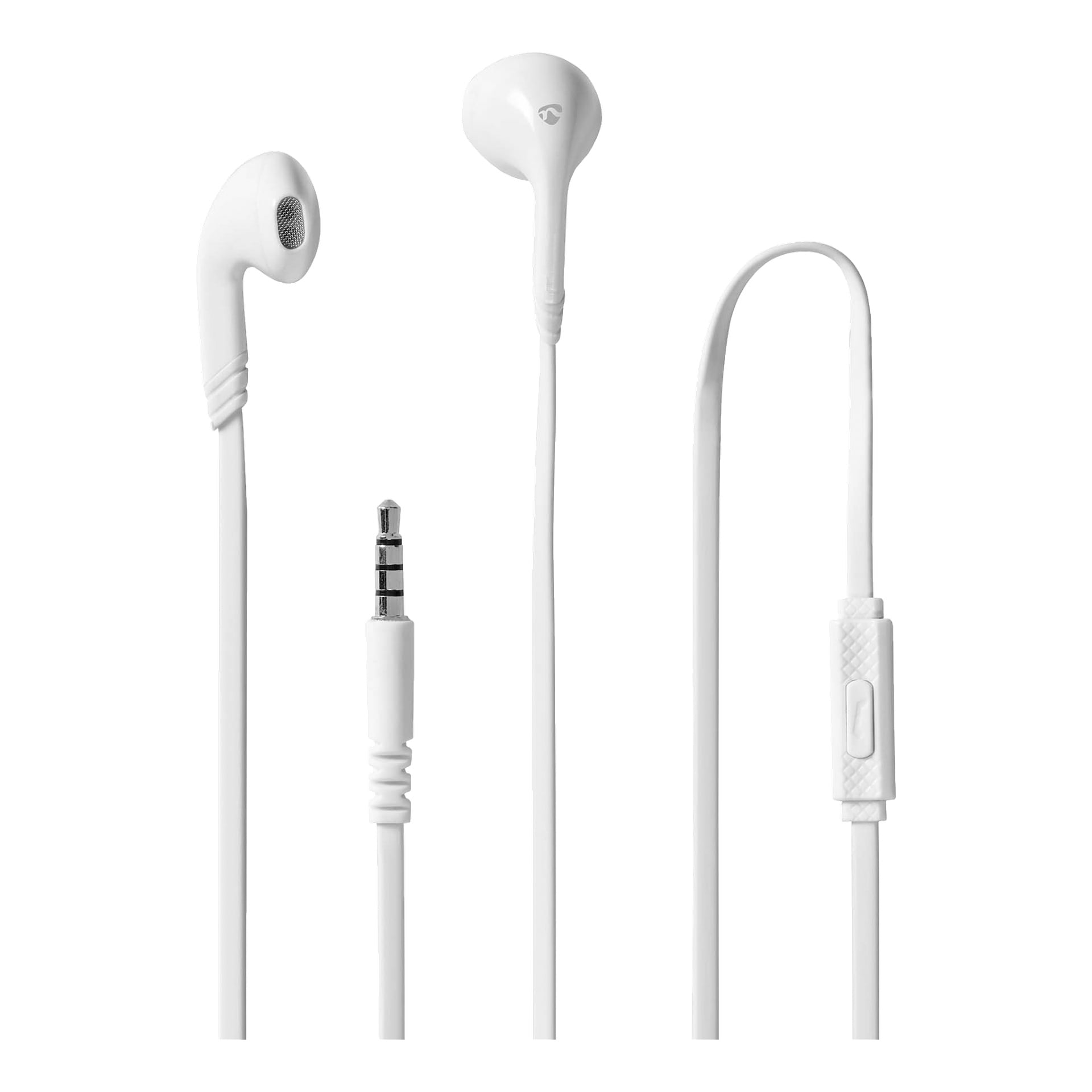 Nedis in-ear hörlurar med vit kabel, en in-line mikrofon och kontrollknapp, 3,5 mm ljudkontakt och två hörlurar.