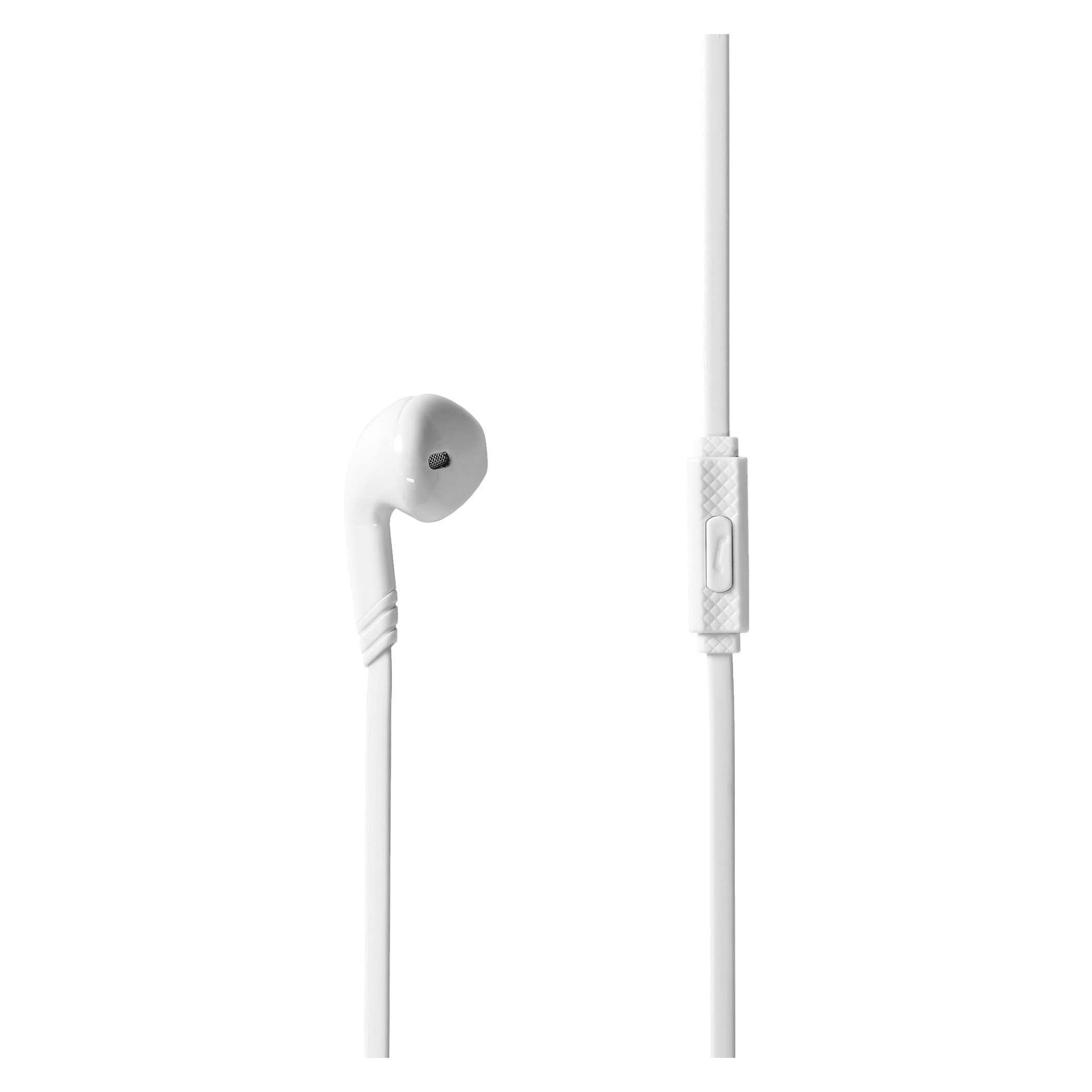 Vita Nedis in-ear hörlurar med formad form och inbyggt högtalarnät för komfort, inklusive en in-line fjärrkontroll och mikrofon på kabeln.