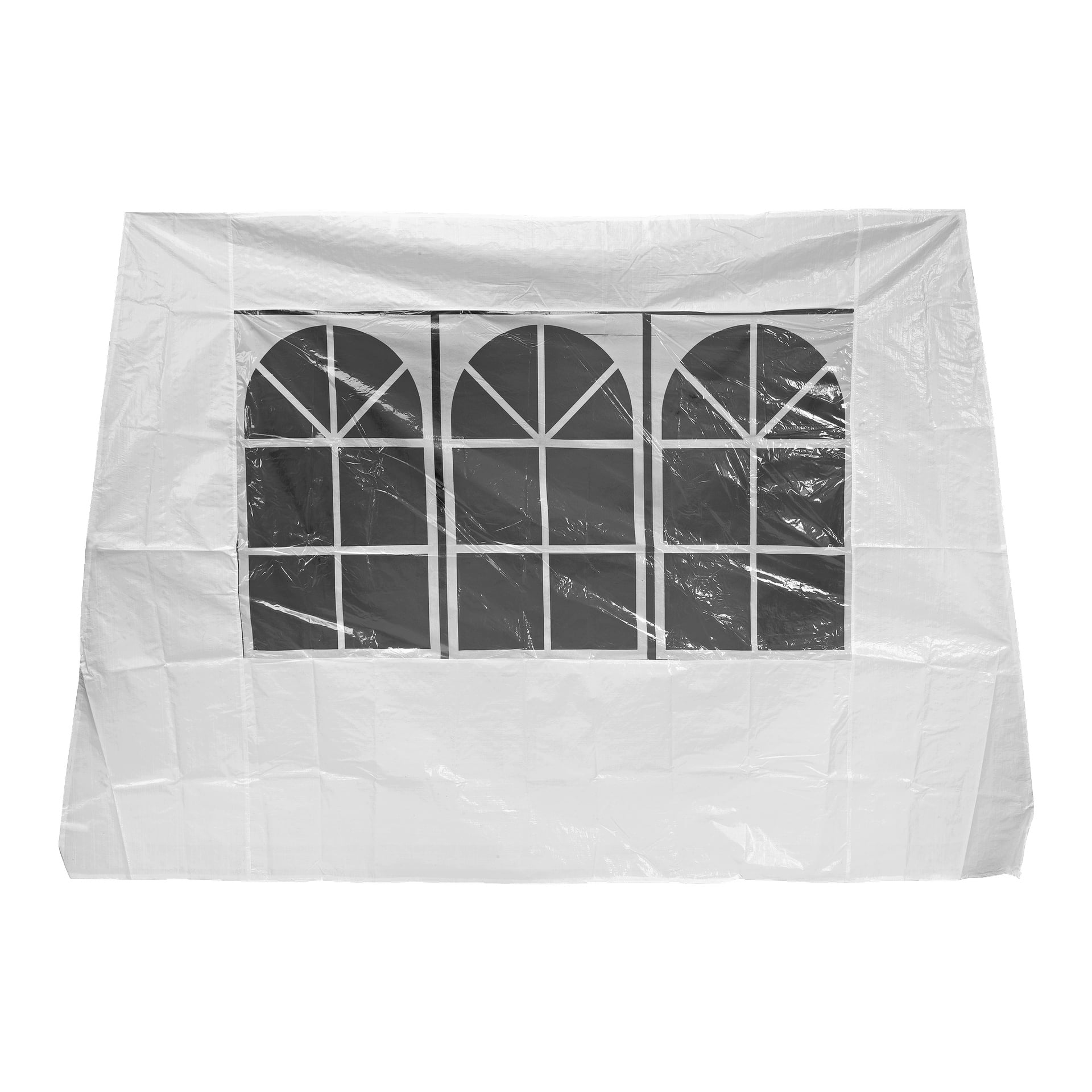 EKVIP Sidoväggar för ett 3x3 m festtält (2-pack), gjort av vitt, tätt spänt material med tydliga veck och veck. Varje vägg har tre genomskinliga plastfönster i rektangulär form med bågformade toppar, placerade sida vid sida, där varje fönster har ett rutnät.