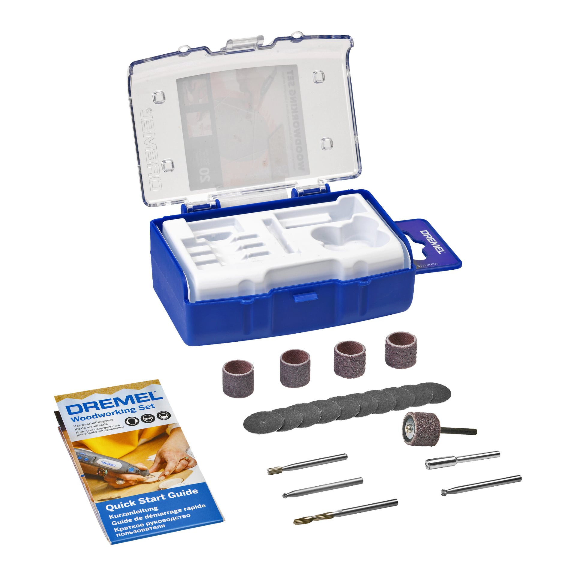 Ett Dremel Woodworking Set 681 visas, med 20 delar prydligt organiserade i ett blått plastfodral. Setet innehåller sliptrummor, slipskivor, en poleringsskiva, flera borrbitar, mandrels och en snabbstartguide.