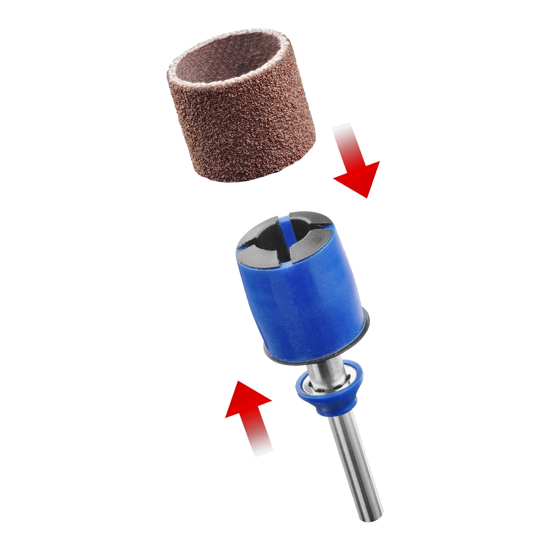 En brun cylindrisk sliptrumma från Dremel Sanding Belts med Spindle EZ SpeedClic SC407 (3-delars) set syns tillsammans med ett blått mandrelfäste. Röda pilar illustrerar hur man monterar trumman på mandreln.