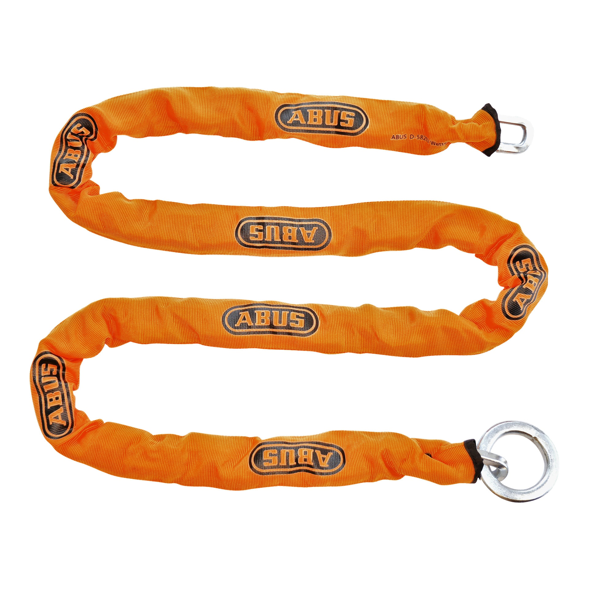 En ABUS Lock-kedja 9KS200, lång och orange, är täckt med tyg tryckt med flera ABUS-logotyper. Den är arrangerad i en S-form, med en metallring i ena änden och en metalllänk i den andra.