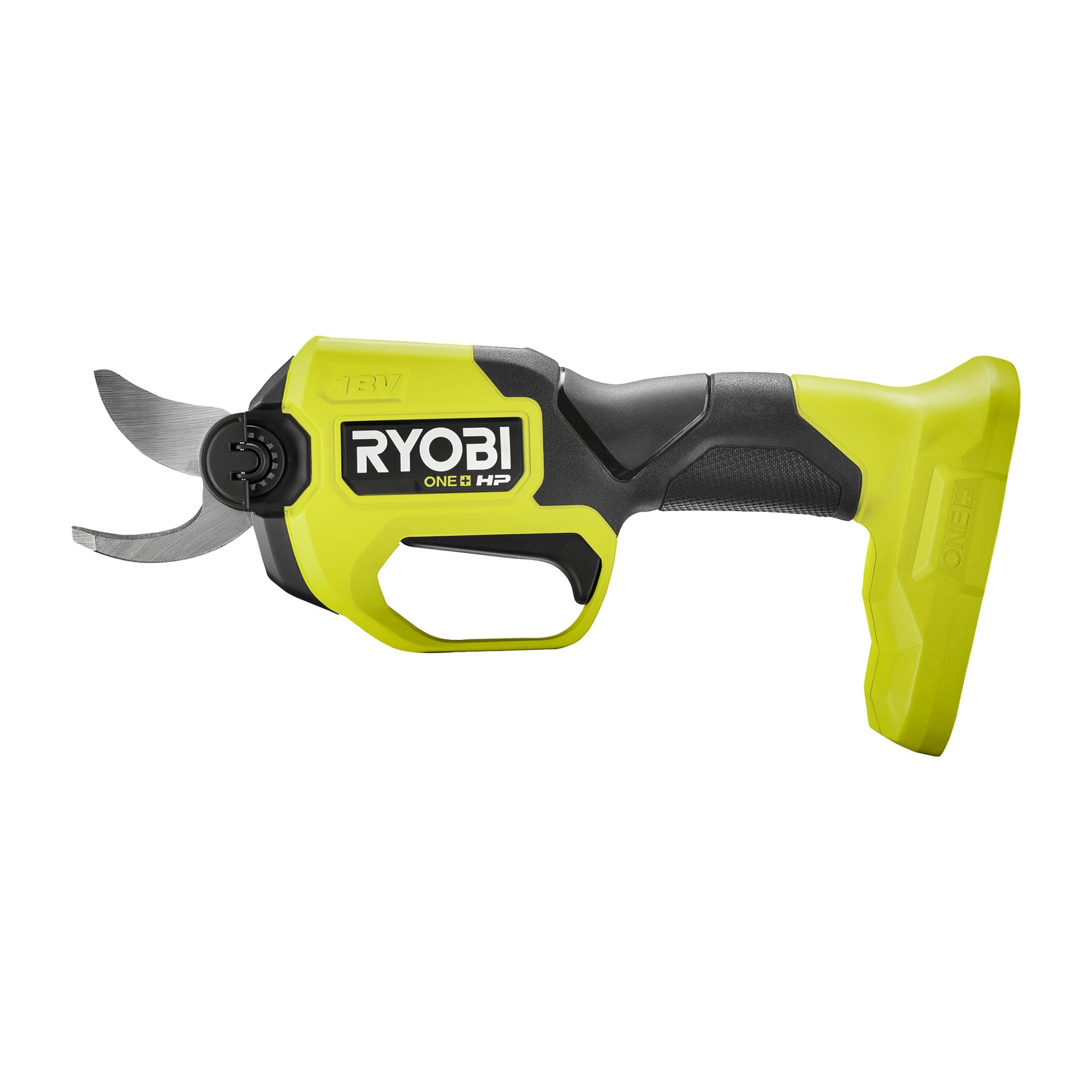 Gula och svarta Ryobi One+ HP batteridrivna sekatörer (modell RY18SCXA-0) med böjd kniv och ergonomiskt handtag, avsedda för trädgårdsskötsel och trimning av små grenar.