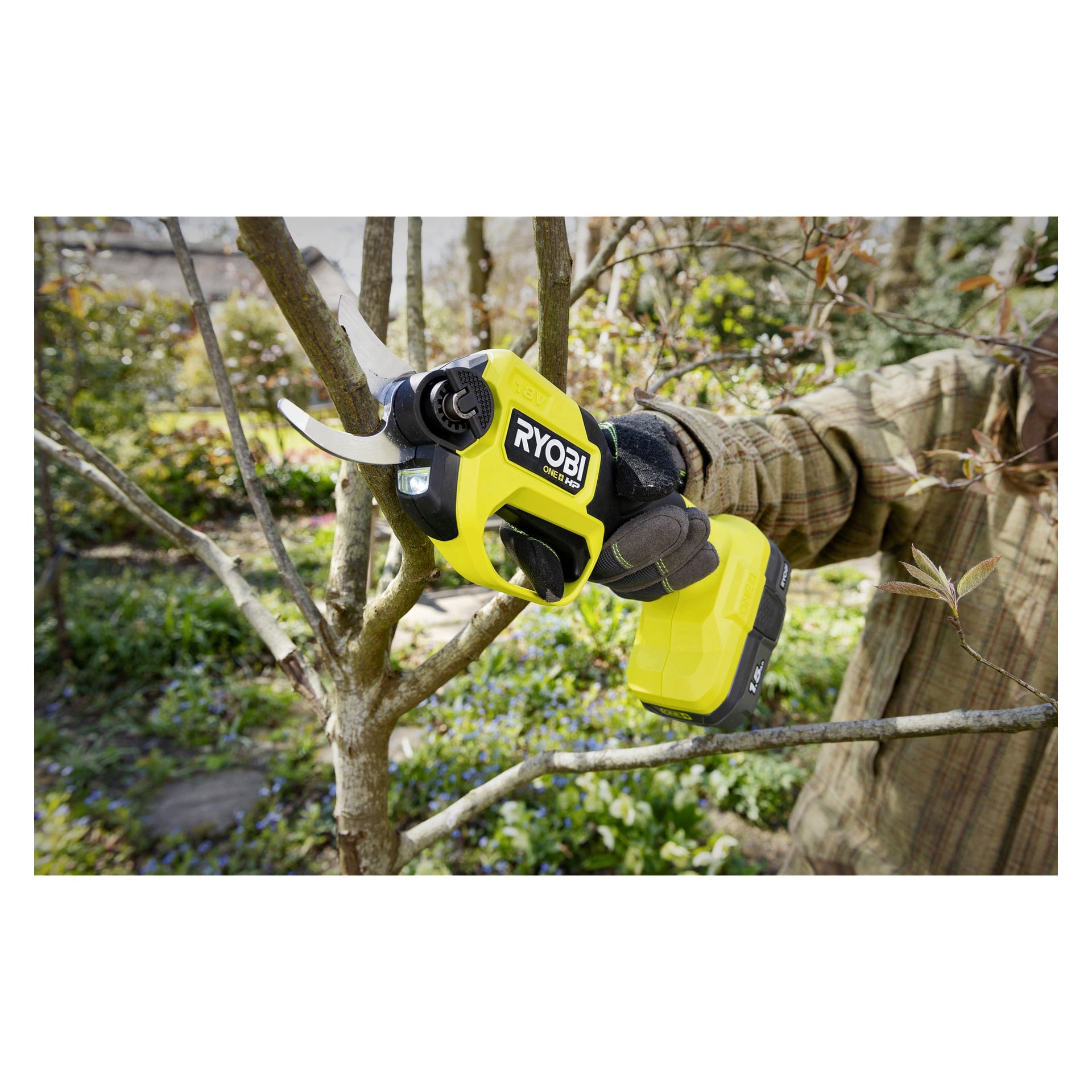 En person i handskar och en rutig långärmad skjorta trimmar en liten trädgren i en trädgård med Ryobi One+ HP Battery-drivna beskärare RY18SCXA-0, omgiven av frodiga växter och grönska.