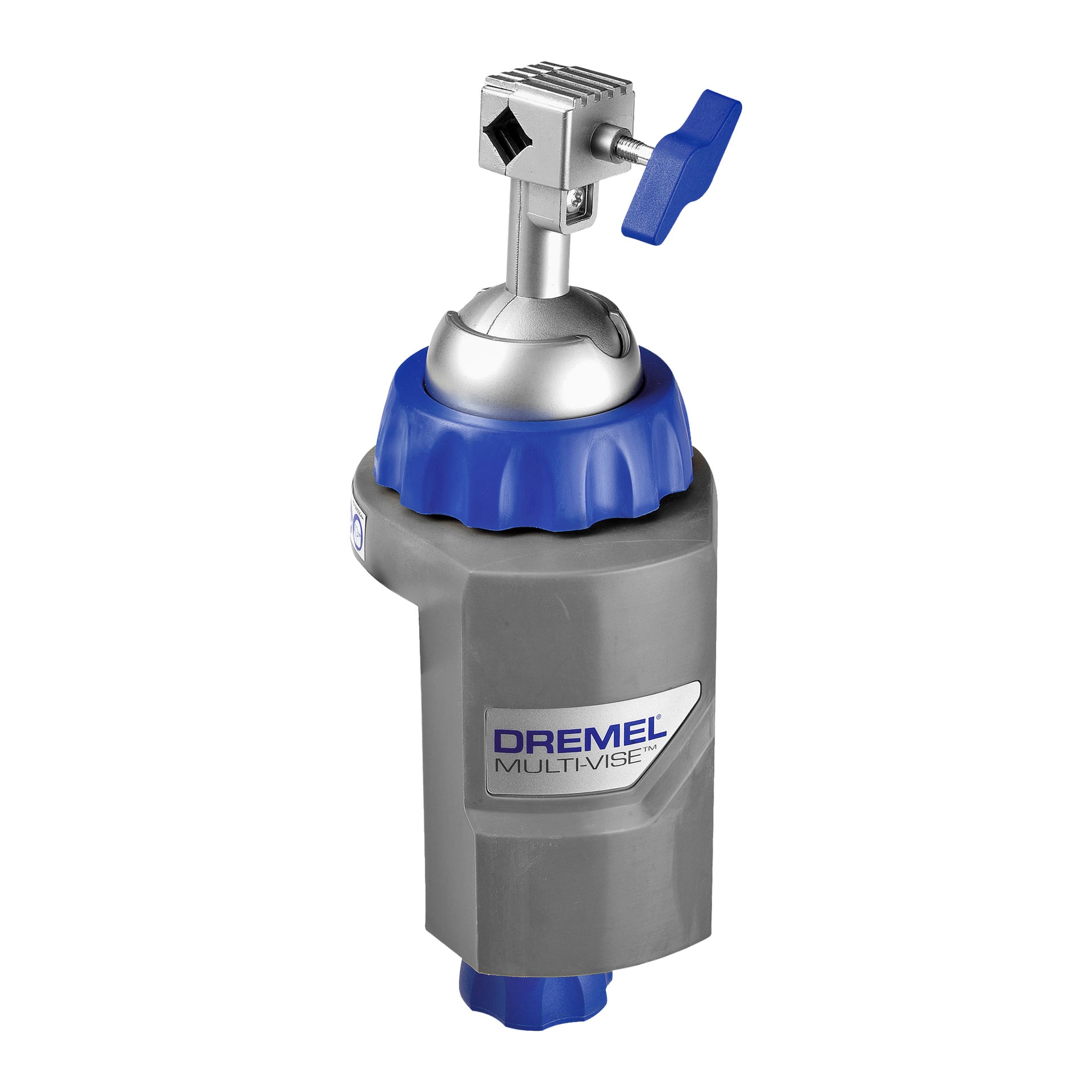 Grå och blå Dremel Tool Holder Multi-Vice 2500 med svänghuvud, klämsystem, blå justeringsratt och robust metallklämma designad för att hålla saker säkert under arbete.