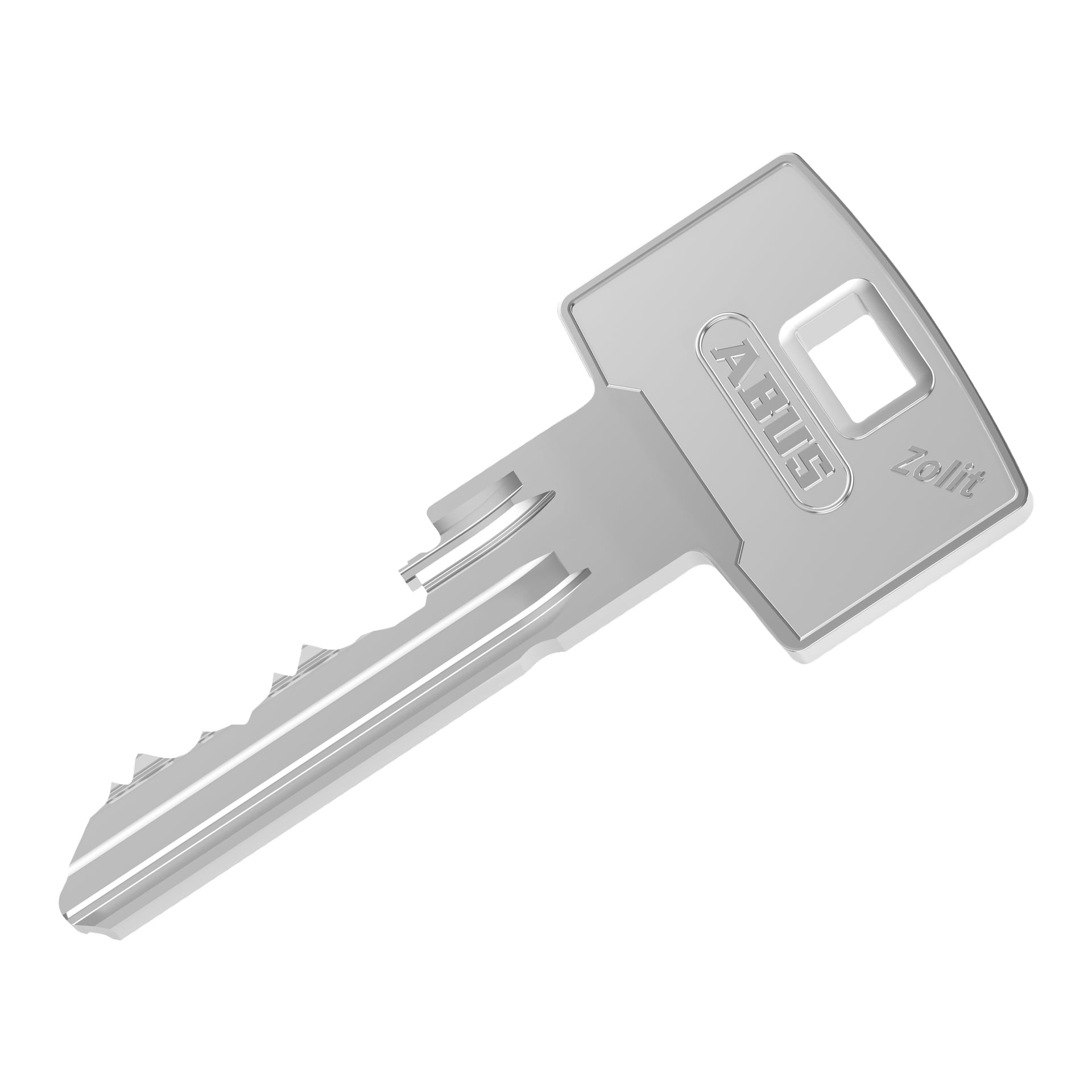 En silverfärgad Zolit-nyckel från ABUS Lock-cylindern visas. Den har ett rektangulärt huvud med ett litet fyrkantigt hål och ABUS-märkning ingraverad på ytan.