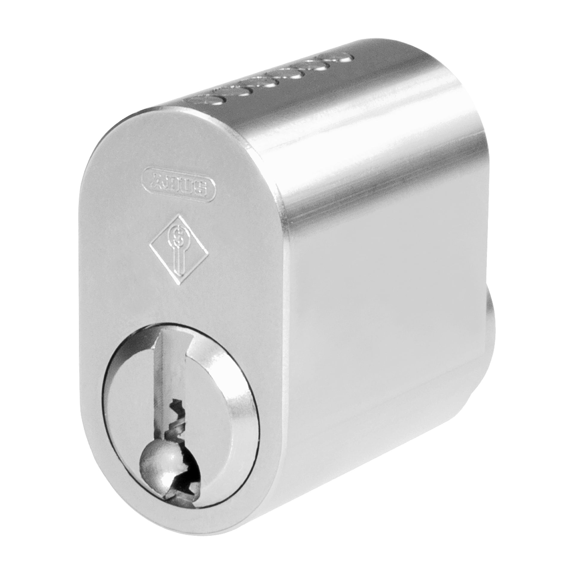En detaljerad närbild av ABUS Lock-cylindern Zolit har dess blanka silvercylindriska kaross, framvänd nyckelöppning, graverade detaljer och en slank metallisk yta. ABUS-logotypen tillsammans med en säkerhetsikon visas tydligt nära toppen av låset.