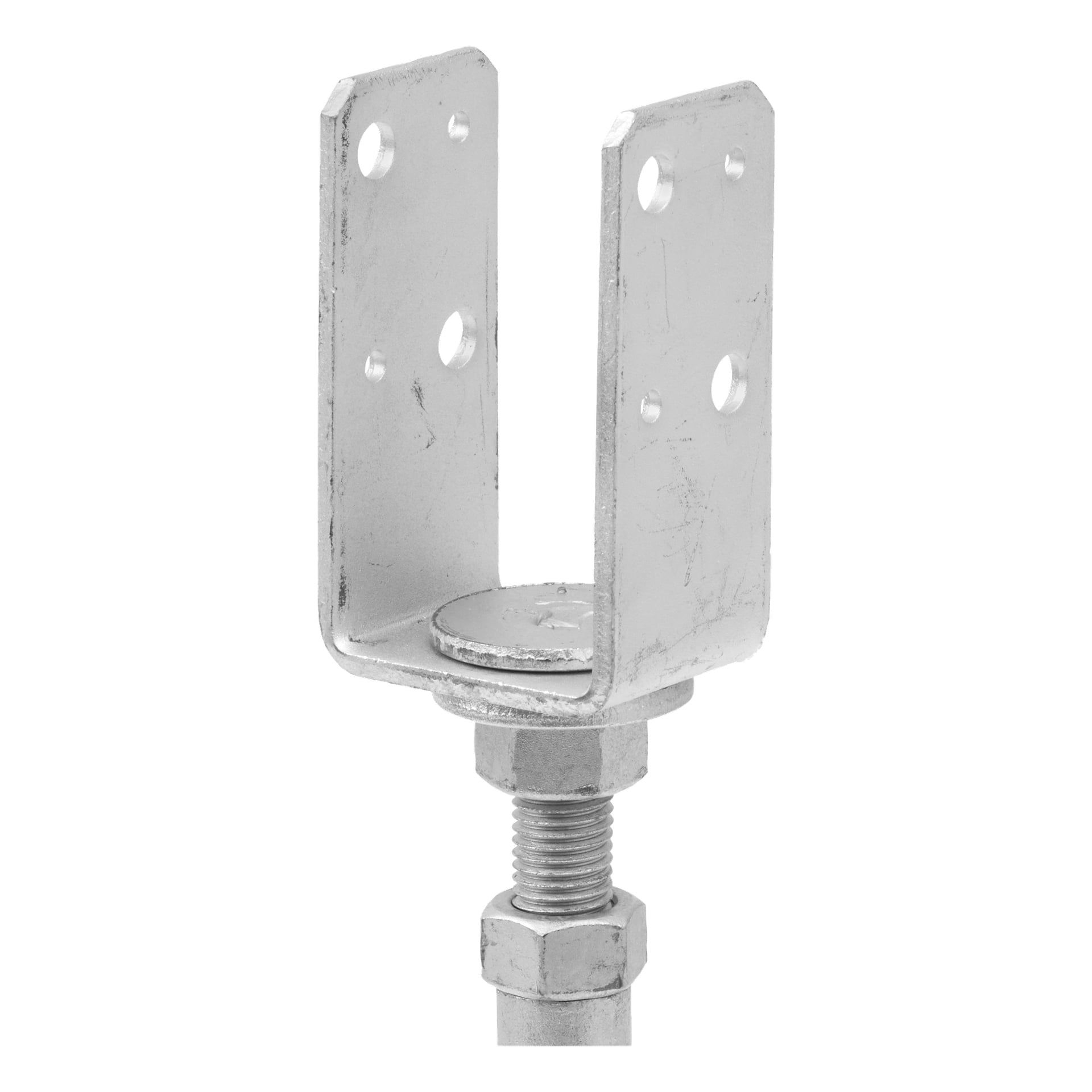 En detaljerad vy av Hard Head Adjustable Post Shoe visar ett metallfäste med fyra hål, kopplade till en gängad stång som hålls på plats av två sexkantsmuttrar. Denna hårdvara är avsedd för strukturellt stöd eller monteringsändamål.