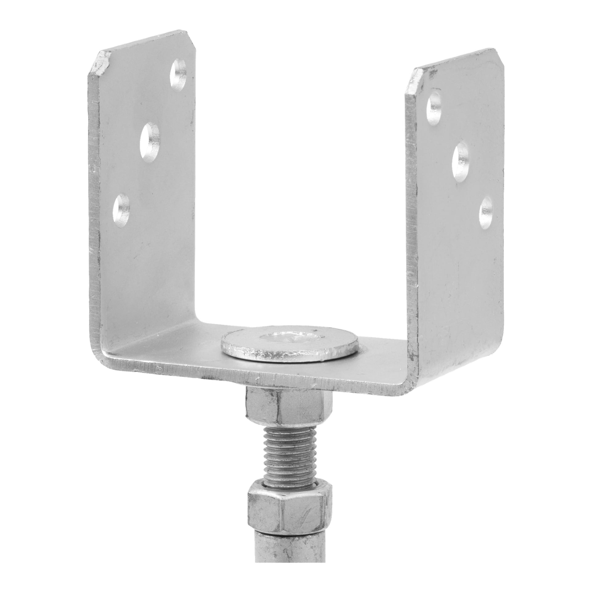En detaljerad vy av Hard Head justerbar stolpssko, med ett metallformat U-format fäste med fyra hål på varje sida, fäst vid en gängad bult och bricka.