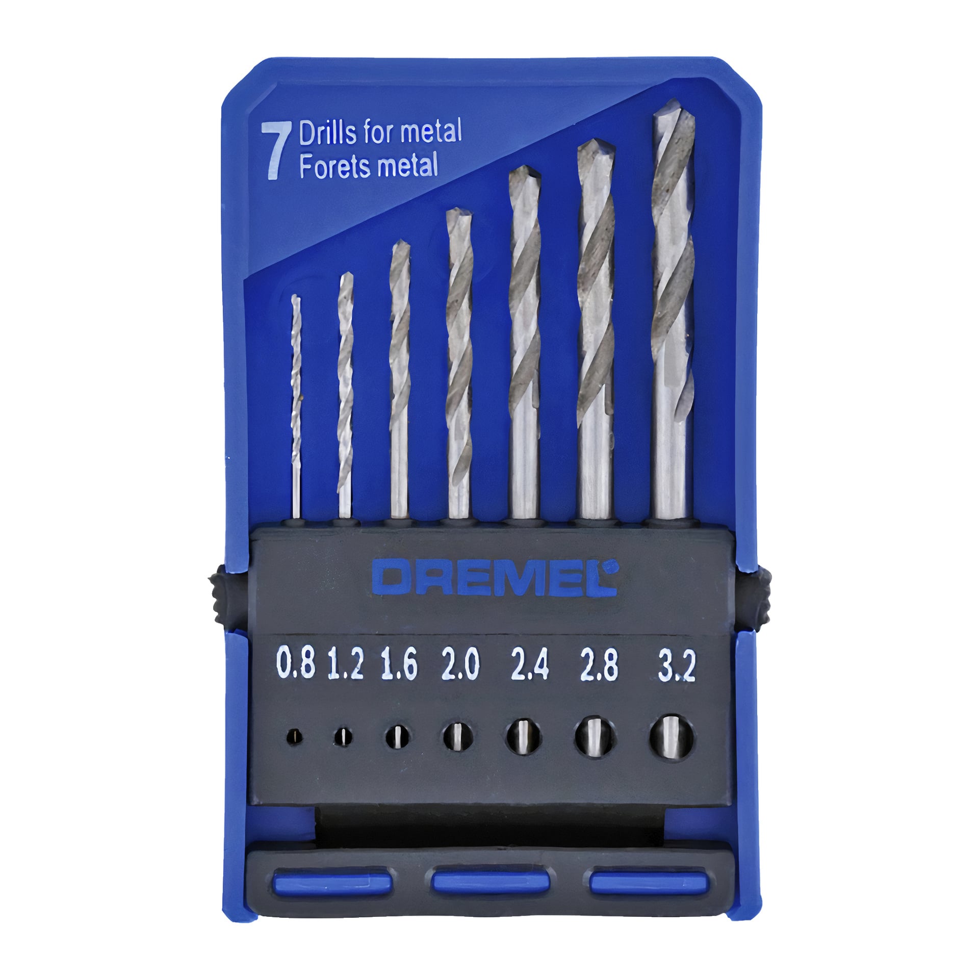 Ett Dremel 628 Precision-borrset med sju metallborrbitar, från 0,8 mm till 3,2 mm, organiserat i ordning i en blå och svart plasthållare.