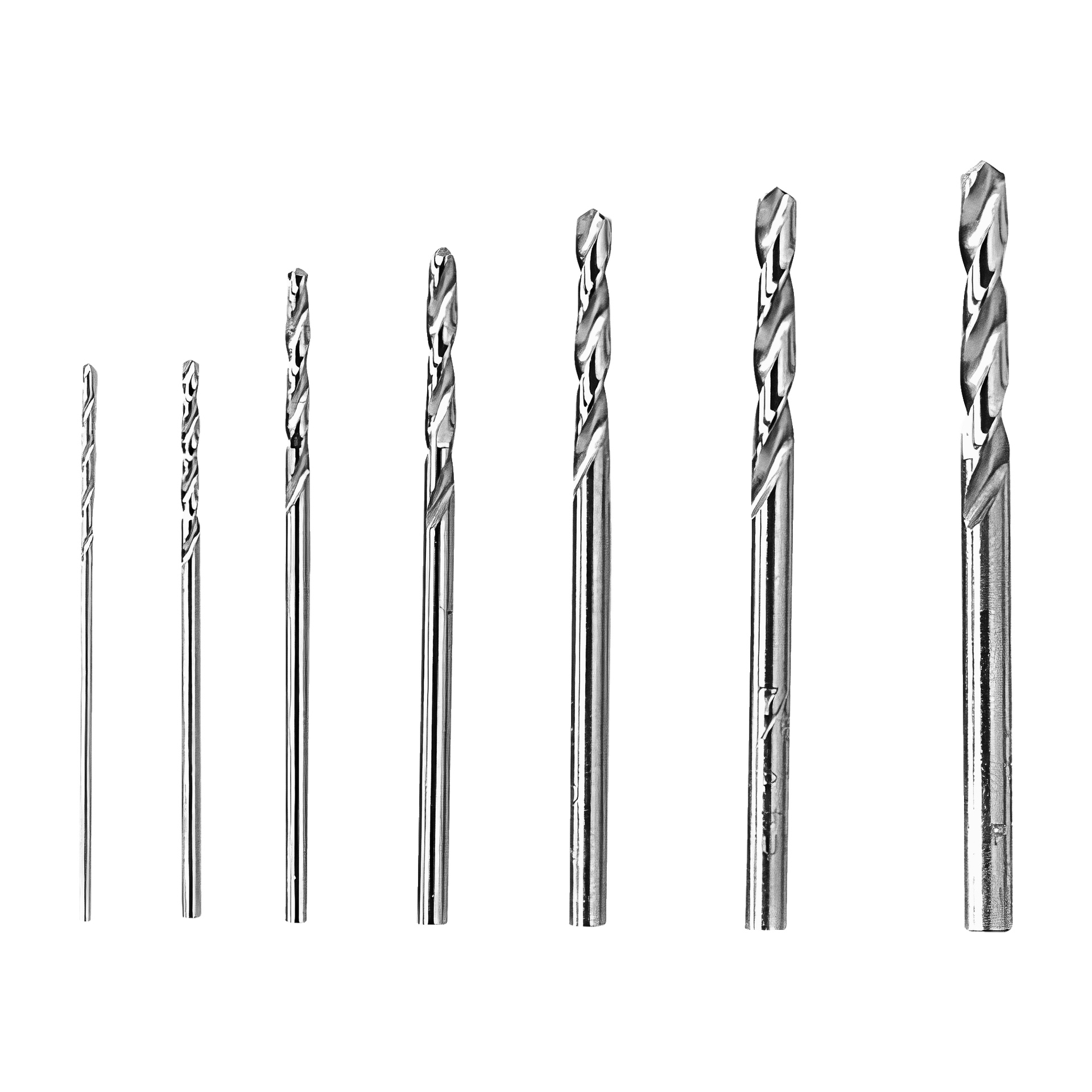 Sju Dremel Precision-borrbitar från 628-serien med 7 delar står upprätta i en rad, ordnade från minsta till största.