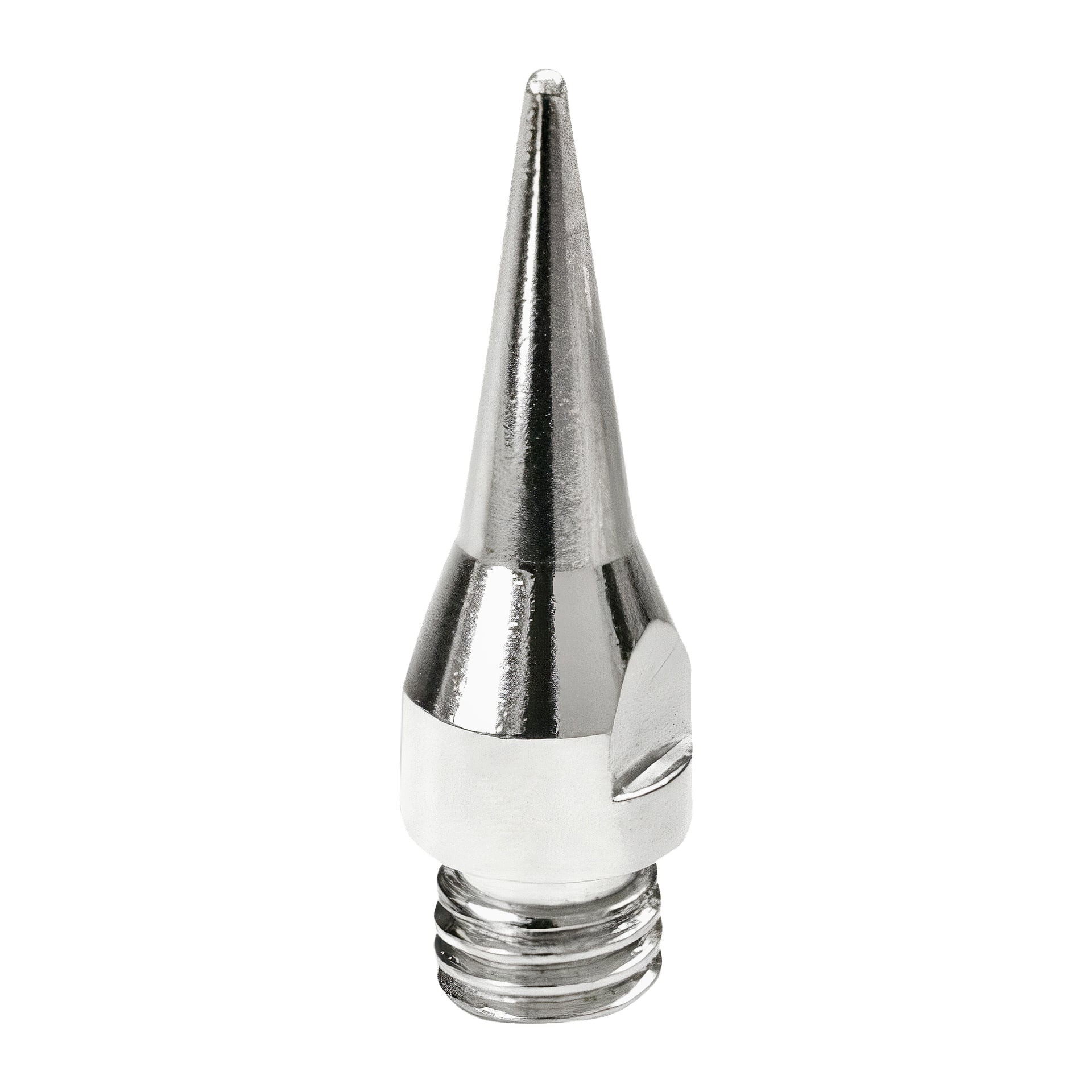Visas ett 2-pack med Dremel Soldering VersaTip 201 ersättningsmunstycken, var och en gjord av metall med en glänsande, slät yta. Munstyckena har spetsiga, koniska spetsar och gängade baser för installation, och har en liten platt flik på sidan för att säkerställa säker passform.