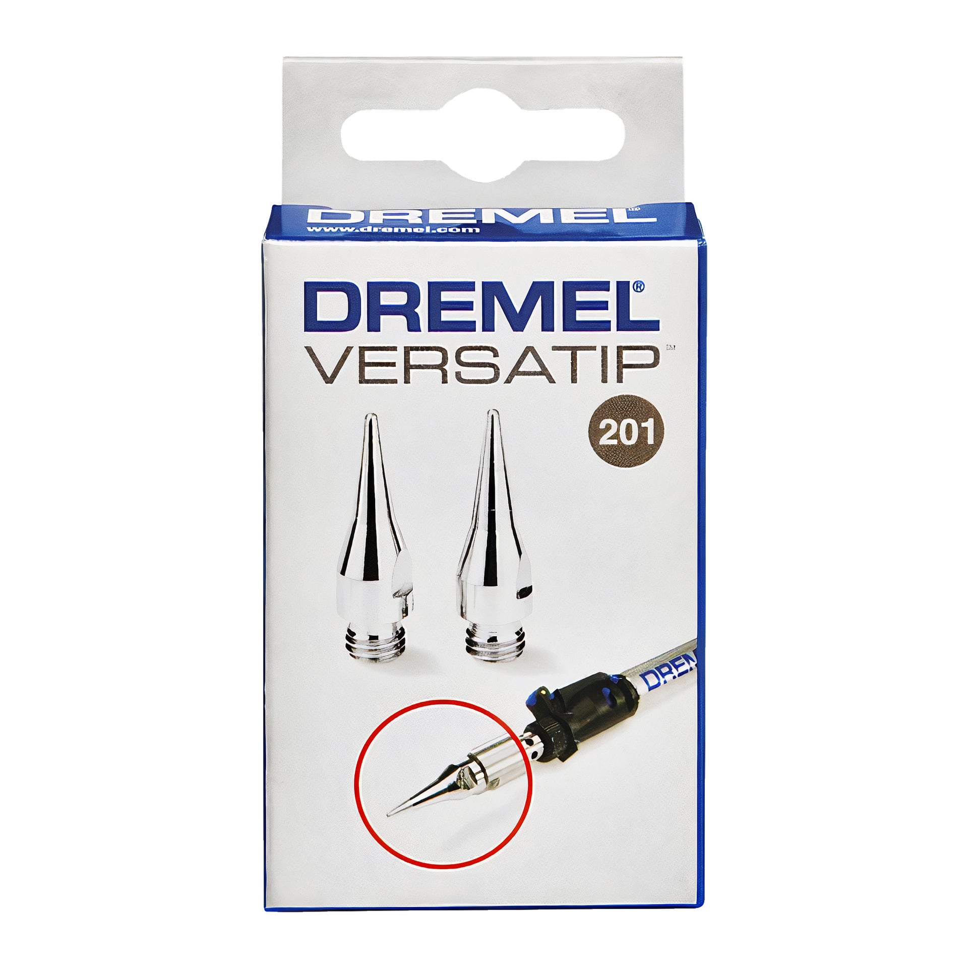 Ett butikspaket märkt "Dremel lödspets VersaTip 201 2 pack" visar två ersättningsspetsar tillsammans med en bild på verktyget med en spets fäst, accentuerad av en röd cirkel. Dremel-logotypen är tydligt synlig, och förpackningen använder blå och vita färger.