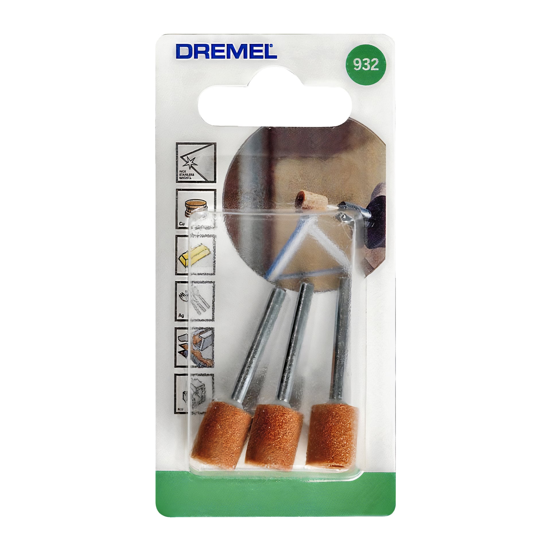 Ett Dremel-blåsepaket märkt "Grindstone 932 3 pack" innehåller tre orangespetsade roterande verktygsslipstenar. Förpackningen visar Dremel-logotypen högst upp, tillsammans med ikoner för användning och instruktioner.