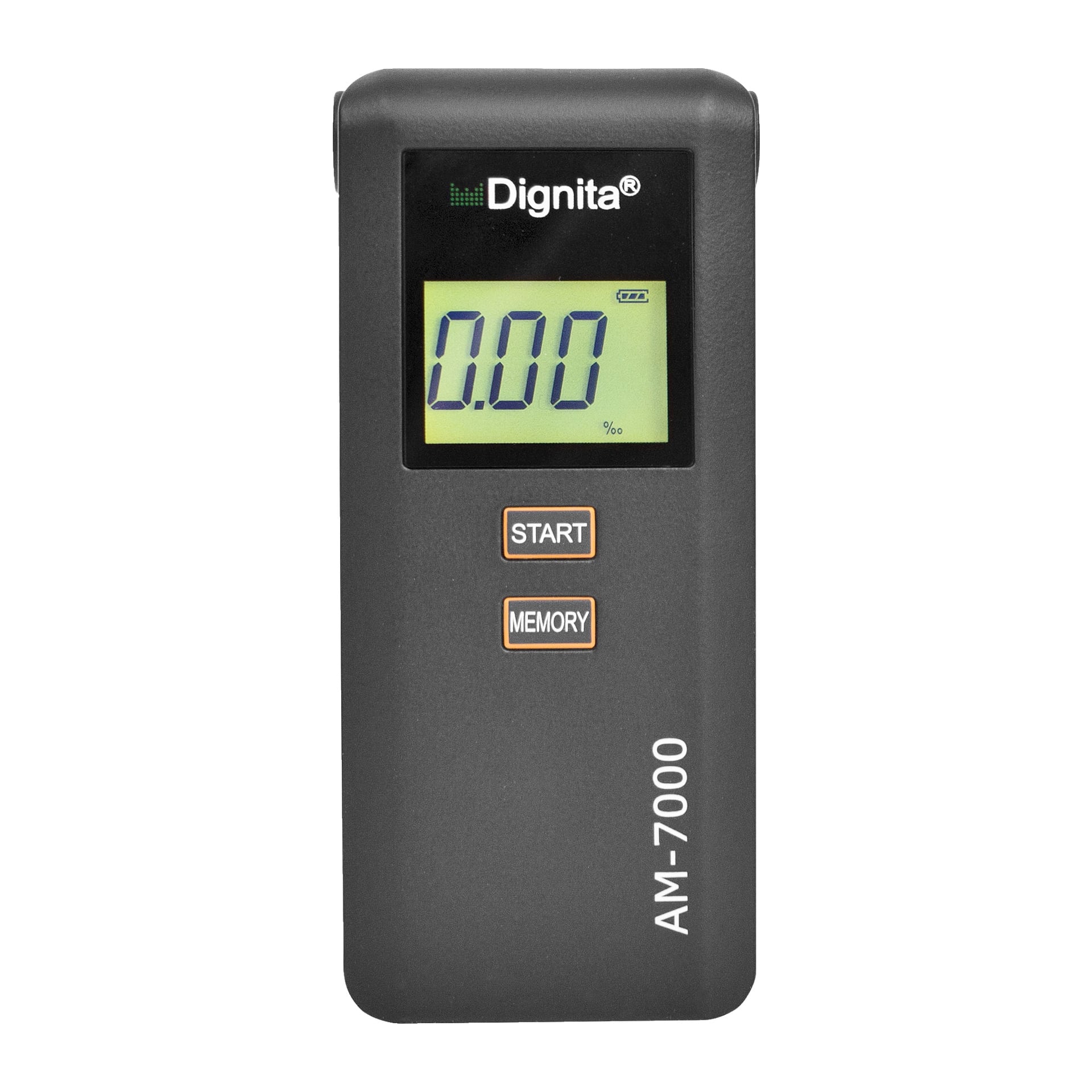 En svart Dignita Alcotest-alkommeter med en digital skärm som visar 0,00, två orangekantade knappar märkta START och MINNE, samt produktnamnet vertikalt längs höger kant.