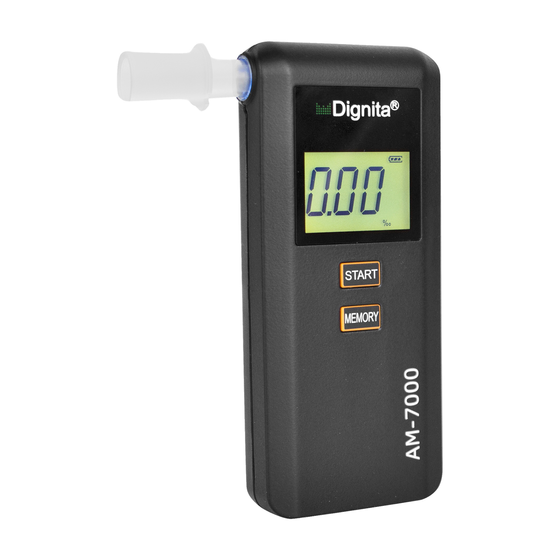 En svart portabel alkometer med etiketten Dignita Alcotest visar 0,00 på skärmen. Enheten har ett munstycke och två knappar märkta START och MINNE under displayen.