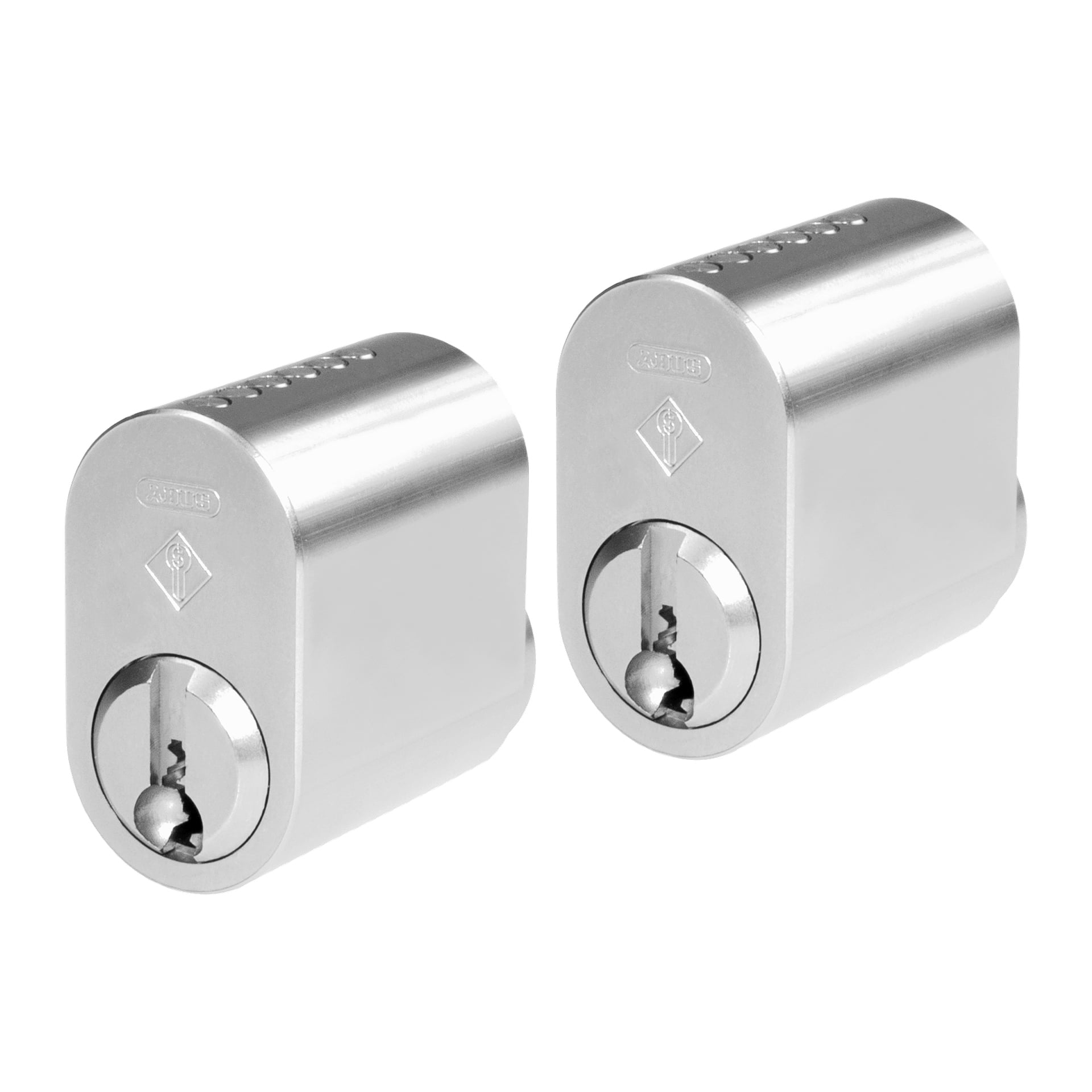 Två identiska ABUS Lock-cylinder Solit-enheter visas sida vid sida. Varje lås har ett nyckelhål och graverade markeringar på toppen och framsidan.