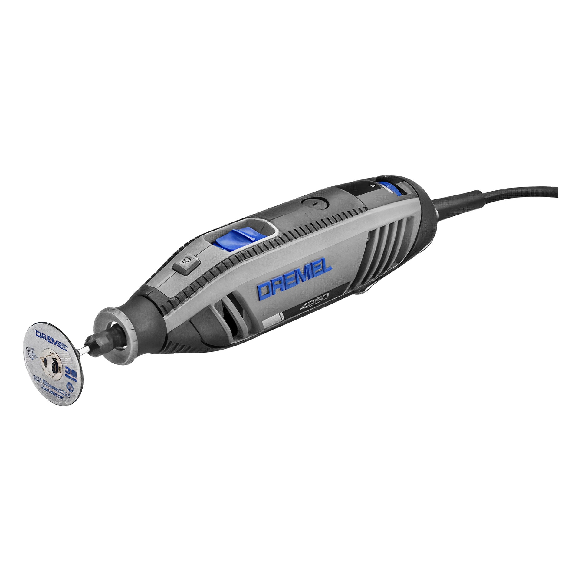 Dremel Multi-tool 4250-35, i svart och grått, är utrustad med en skärskiva. Detta elektriska roterande verktyg har en strömkabel, blå strömbrytare och ventilationsspår.