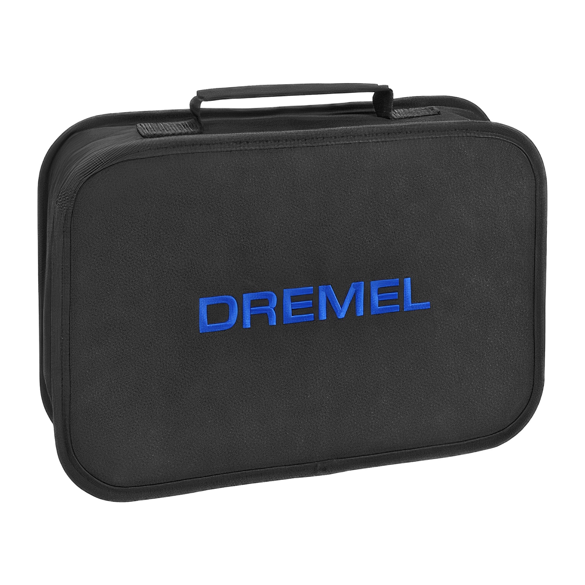 En svart rektangulär bärväska med rundade kanter och ett integrerat handtag, med varumärket "Dremel" i blå versaler på framsidan. Fodralet är avsett för Multi-tool 4250-35.