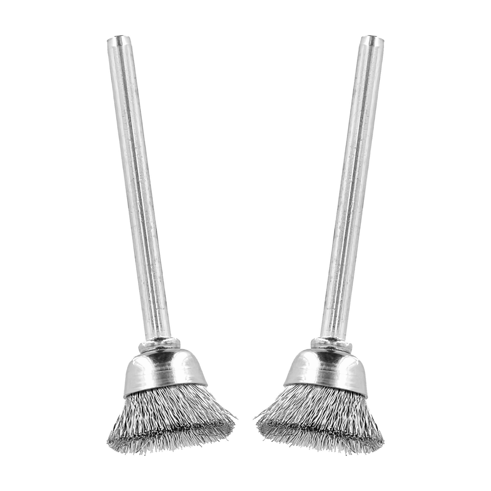 Två Dremel 442 koppformade stålborstar står upprätt, var och en med ett silverhandtag och metallborst som sträcker ut sig från borstbasen. Paketet innehåller två borstar.