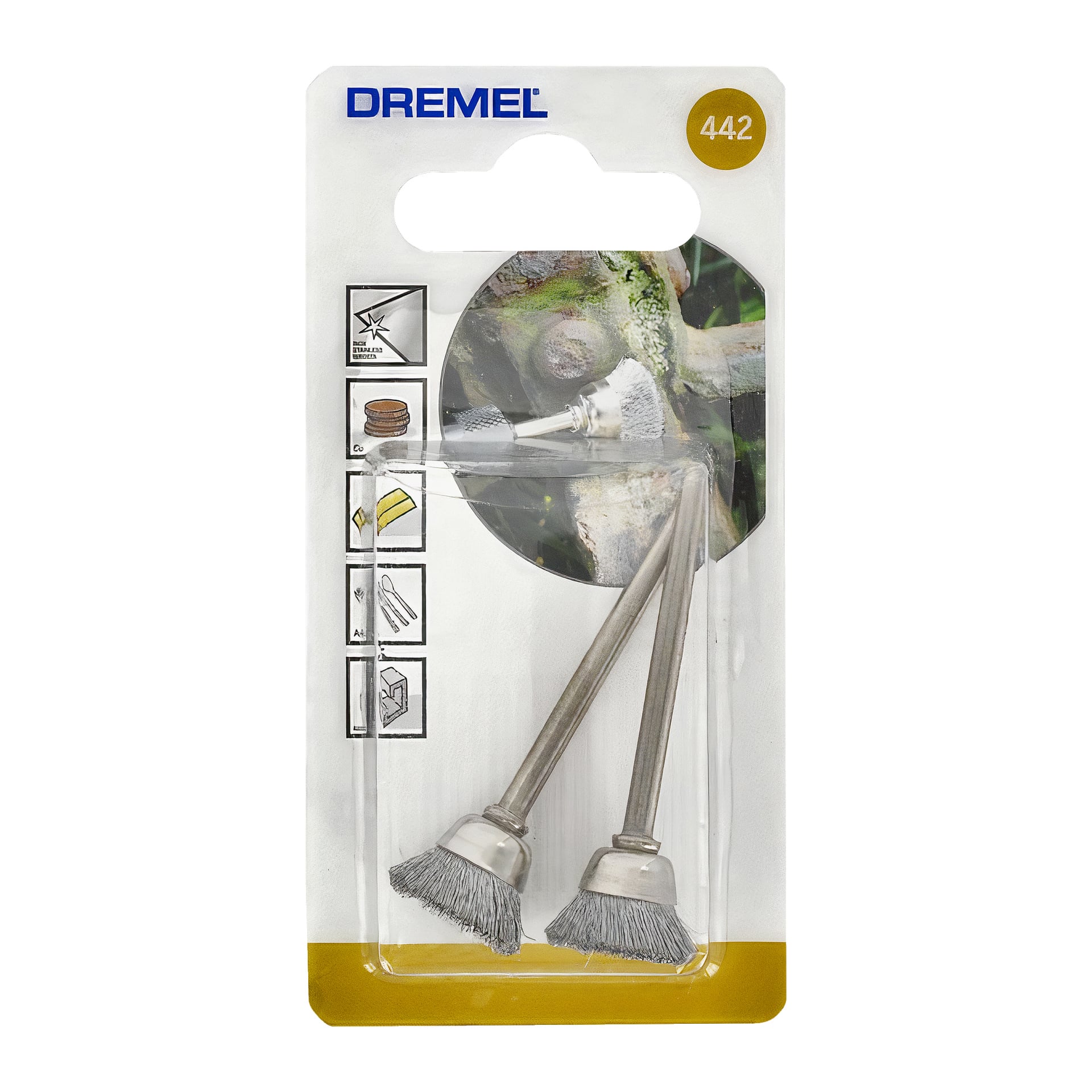 Dremel-koppformad stålborste 442 tvåpack visades i förpackningen, med ett par metallkoppsliknande borsttillbehör. Förpackningen innehåller exempel på användningsbilder och instruktioner, med framträdande gula och vita designdetaljer.