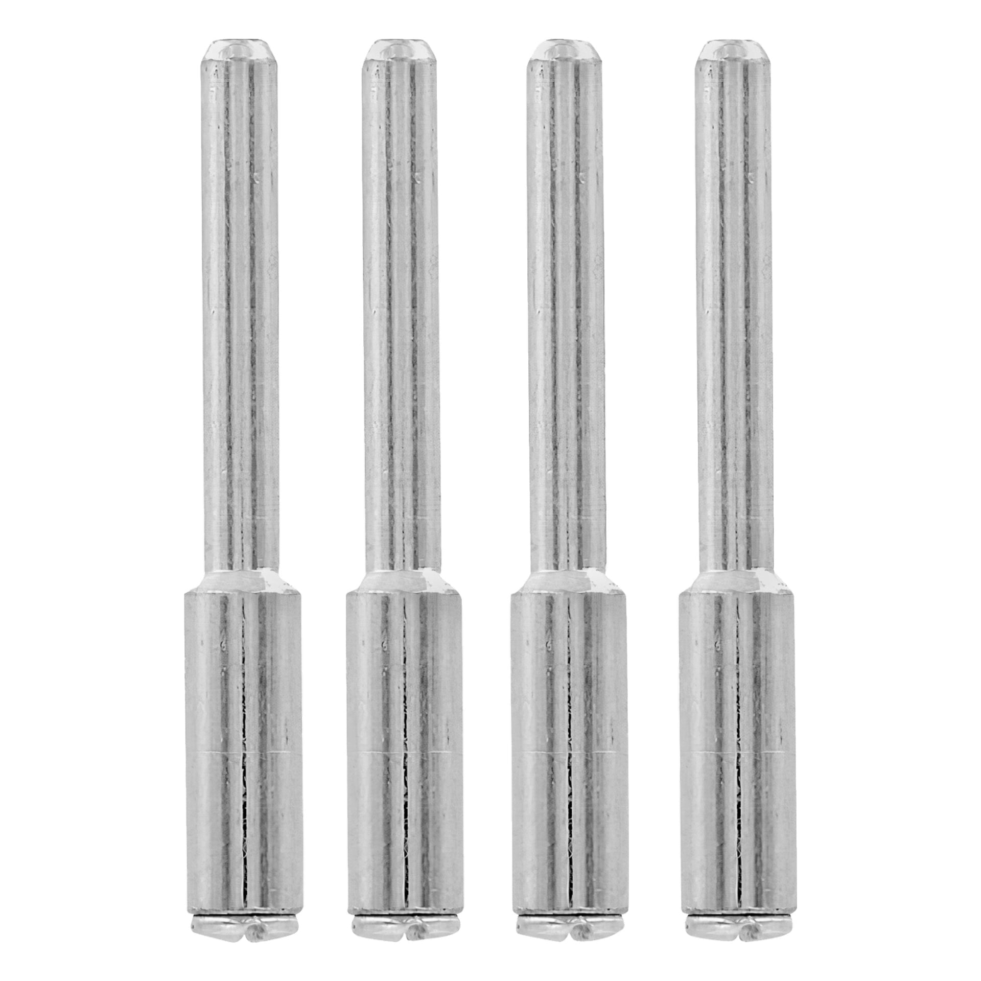 Fyra identiska metallstänger från Dremel Spindle Set 402 står uppradade, var och en med en blank, reflekterande finish och en design med bred bas som avsmalnar till en smalare topp.