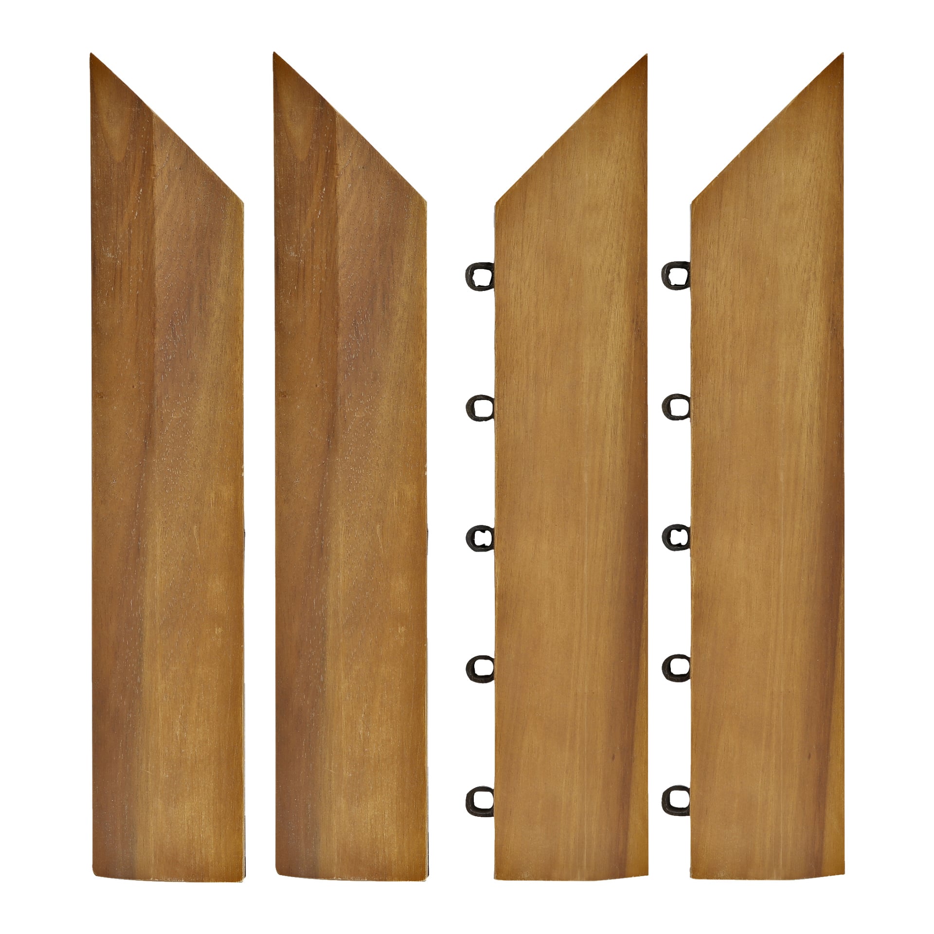 Fyra "Corners floor tiles 4 pieces" av Hard Head står upprätt. Tre av plattorna har en enkel design, och en visar sex svarta plastklämmor jämnt fördelade längs ena sidan.