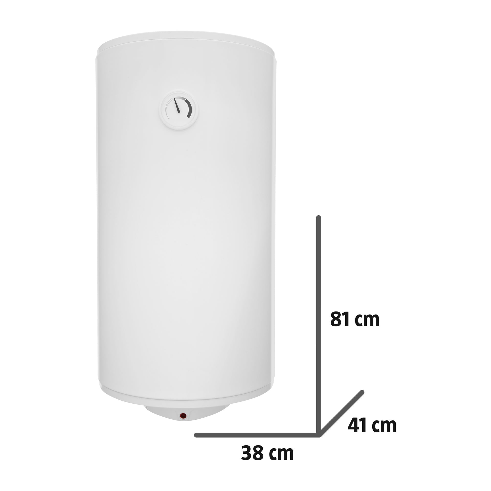 Hard Head varmvattenberedare är en cylindrisk vit apparat med en framvänd kontrollratt. Dess höjd är 81 cm och bredden är 38 cm, med måttlinjer och etiketter som anger mått för skala.