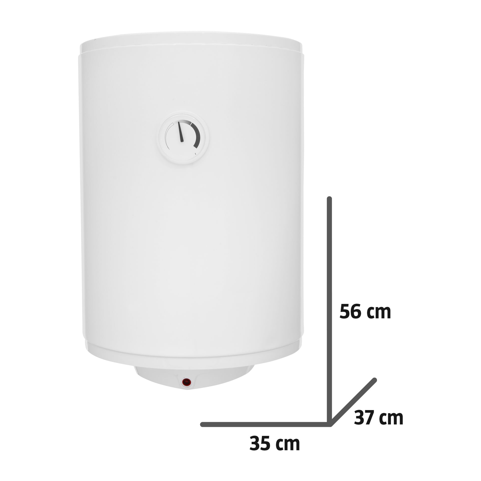 En vit, cylindrisk varmvattenberedare med Hard Head och en främre ratt visas. Dess mått är 56 cm hög, 35 cm bred och basen är 37 cm djup.