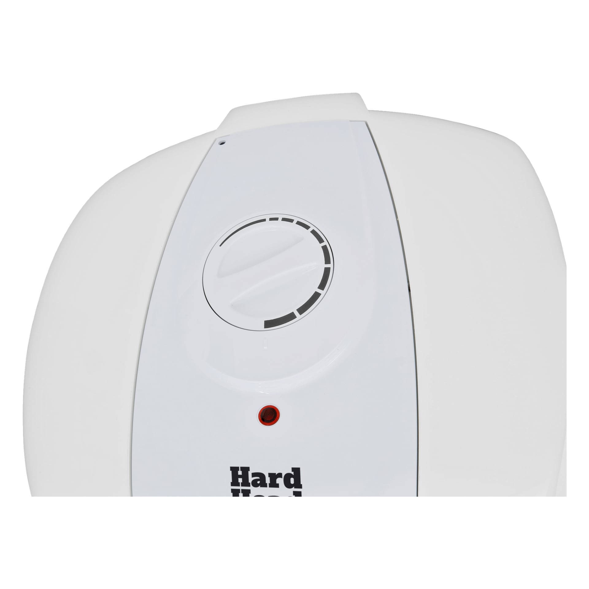 Närbild på en vit Hot Head-varmvattenberedare med en rund ratt märkt i grått, en liten röd indikatorlampa och delvis synlig "Hard"-märkning. Utseendet är stilrent och modernt.