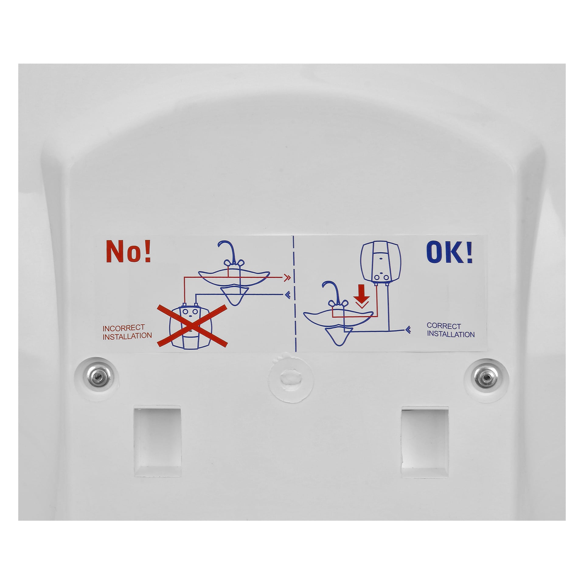 Instruktionsklistermärke som visar rätt och felaktiga installationsmetoder för en Hard Head varmvattenberedare. Vänster diagram har en röd "Nej!"-etikett, medan höger har en blå "OK!"-etikett. Båda sidor använder enkla linjeteckningar för att demonstrera varje teknik.