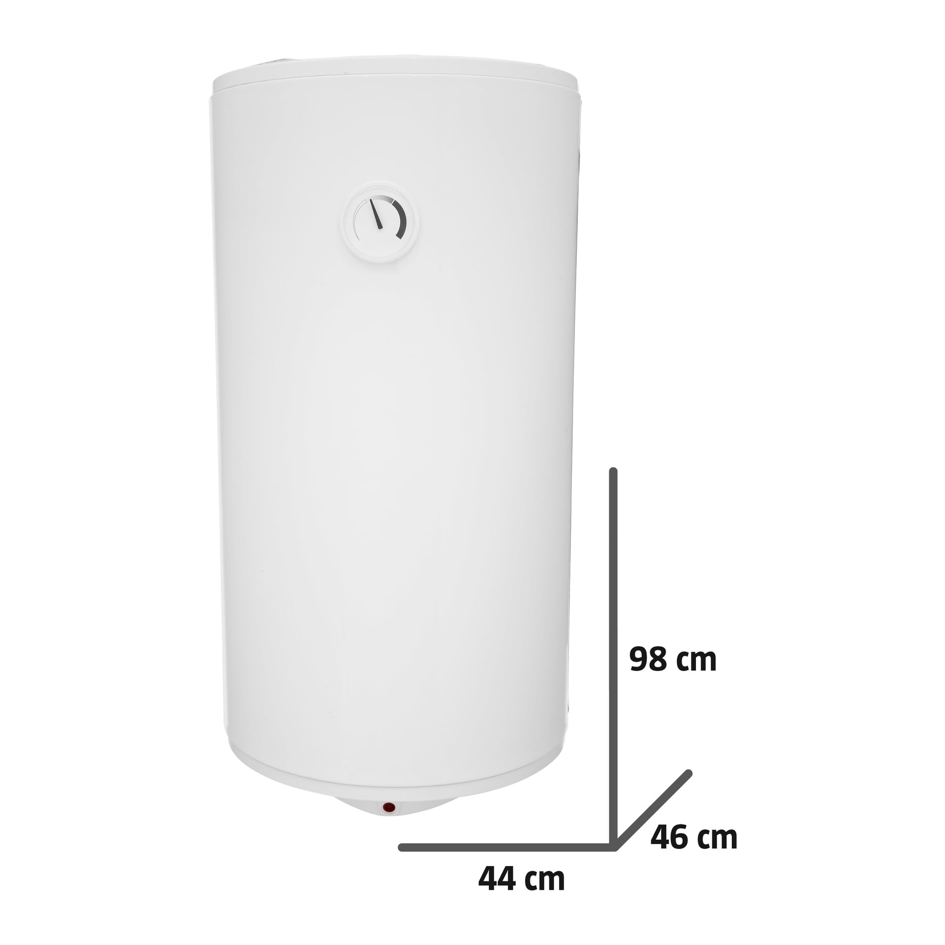 Hard Head varmvattenberedare är en cylindrisk, vit enhet med en mätare som är framifrån. Märkta mått bredvid visar att dess höjd är 98 cm och bredd 44 cm.