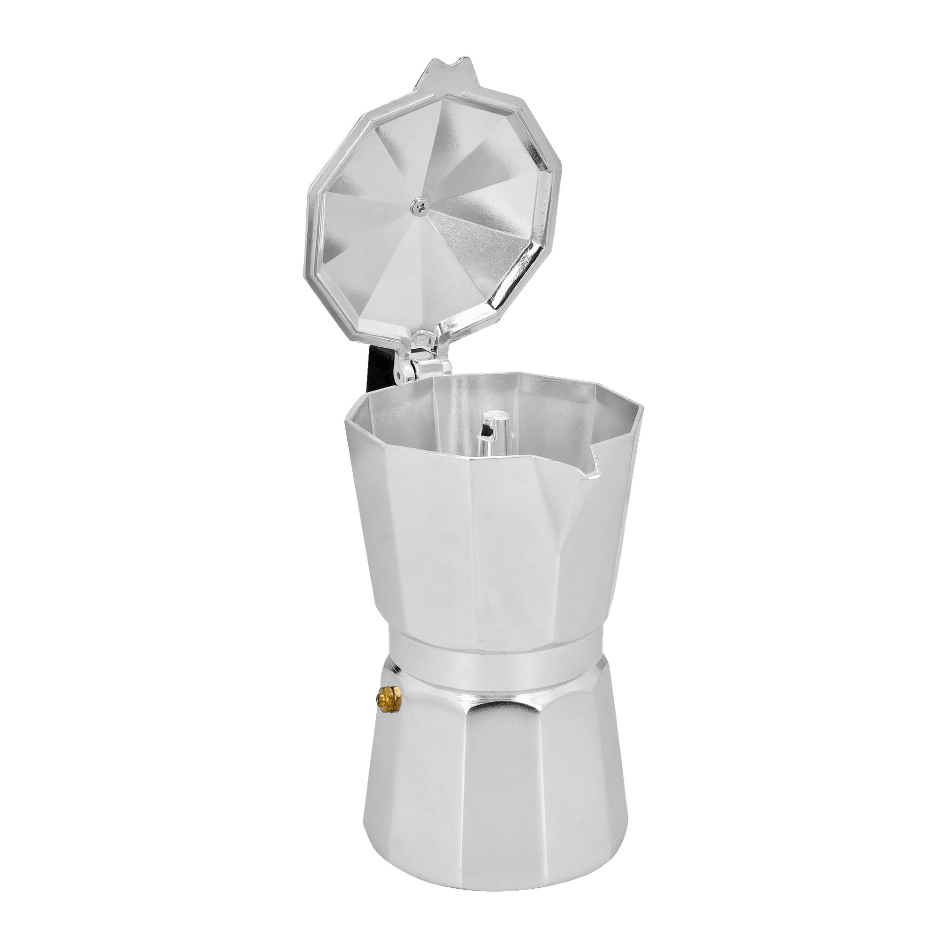 Bilden visar en silverfärgad Menuett Moka-kanna med locket uppfällt, vilket visar att insidan är tom. Grytan har en distinkt geometrisk stil och har en liten mässingsventil på sin nedre del.